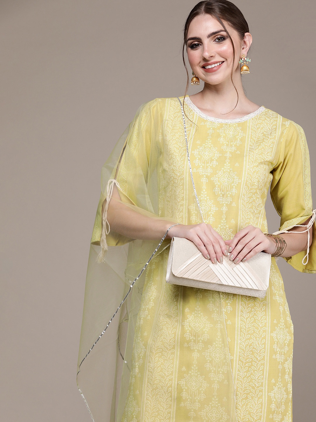 

Anouk Floral Printed Regular Liva Khari Kurta with Palazzos & Dupatta, Green