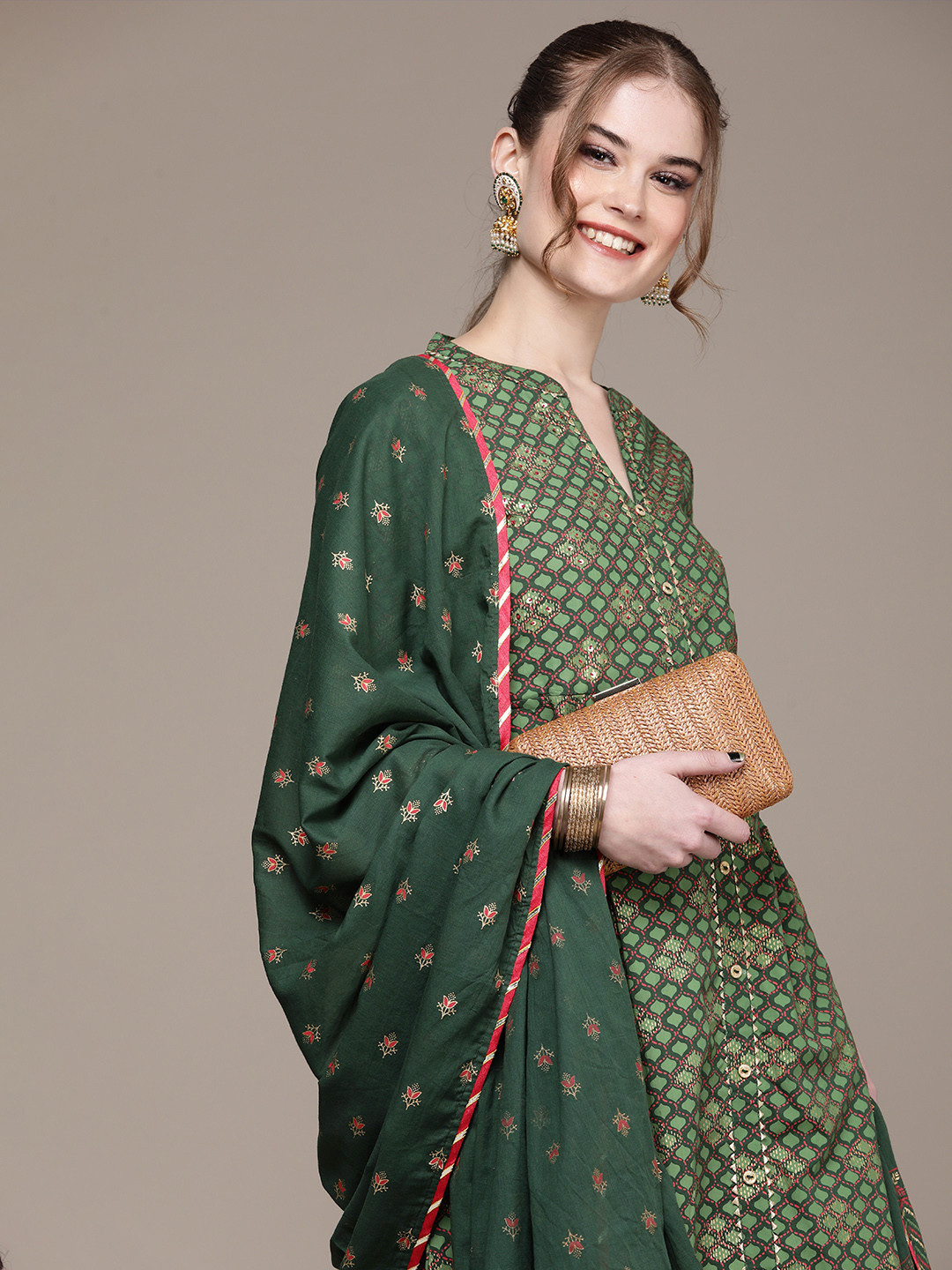 

Anouk Women Green Printed Empire Kurta with Trousers & With Dupatta