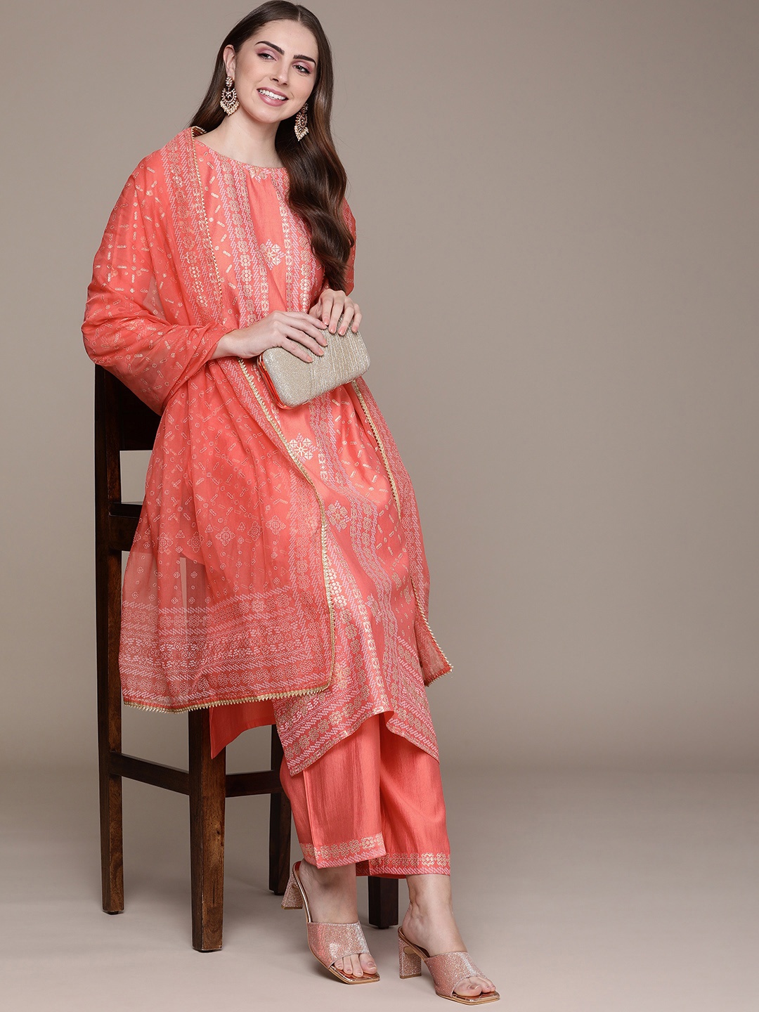 

Anouk Women Pink Printed Regular Liva Kurta with Trousers & With Dupatta