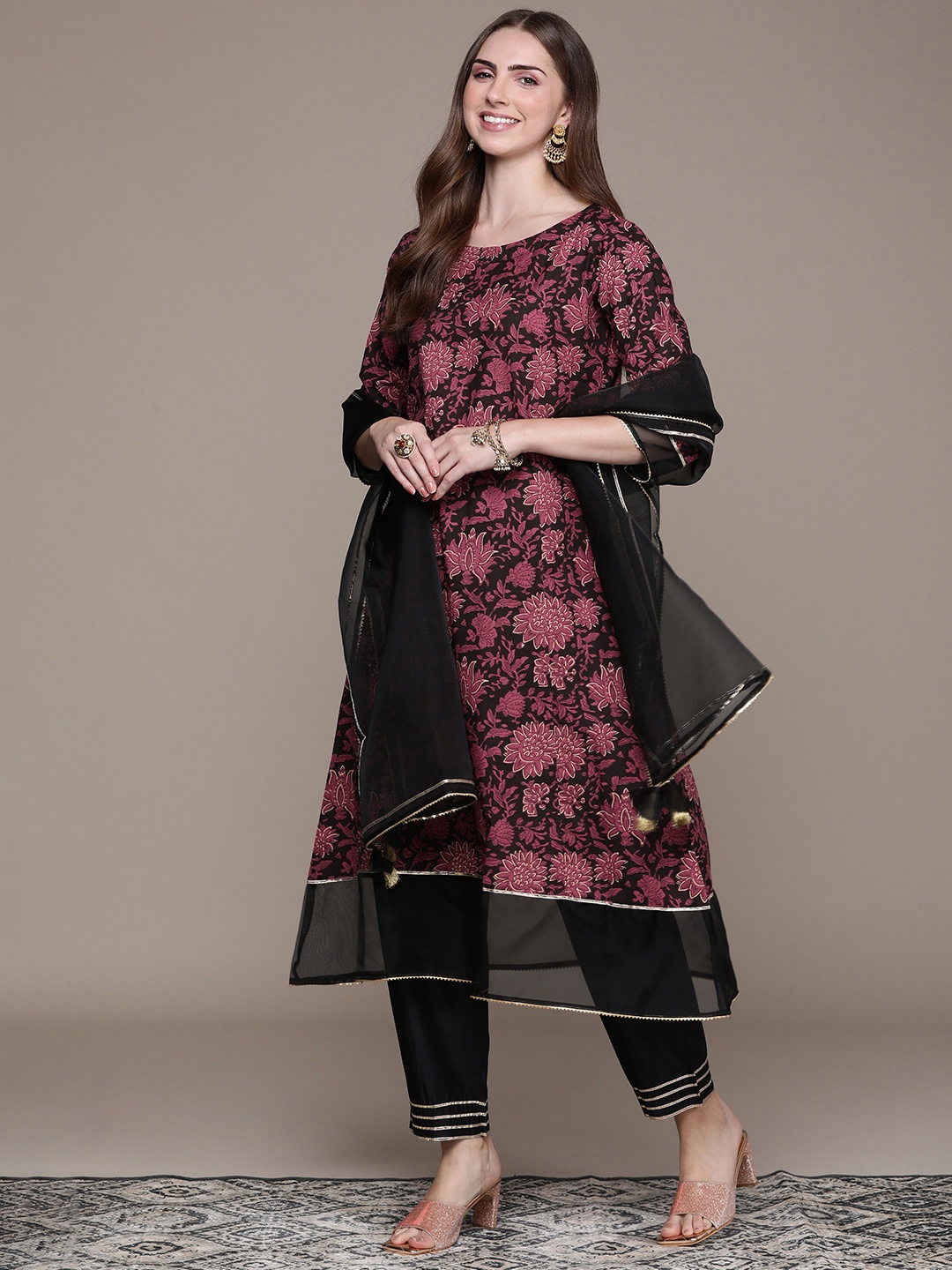 

Anouk Women Black Floral Printed Regular Kurta with Trousers & With Dupatta