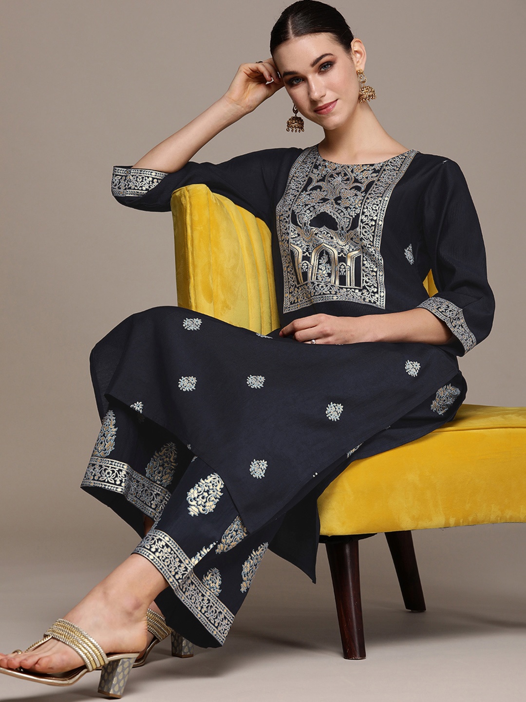 

Anouk Women Navy Blue Ethnic Motifs Printed Regular Liva Kurta with Trousers