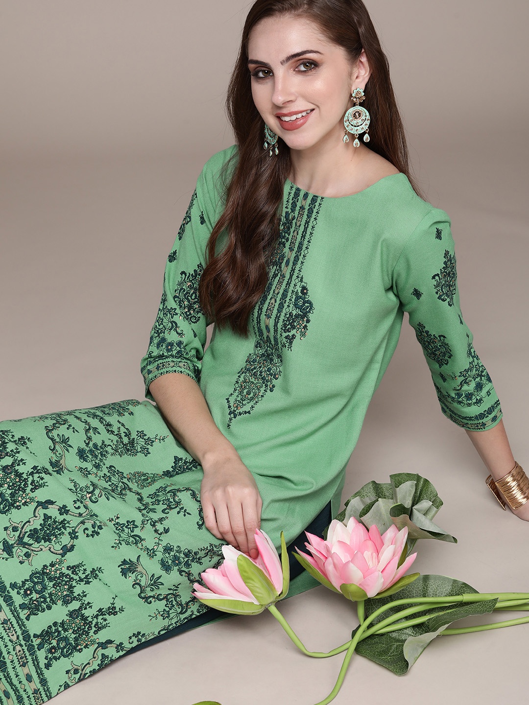 

Anouk Women Floral Printed Regular Kurta with Palazzos, Green