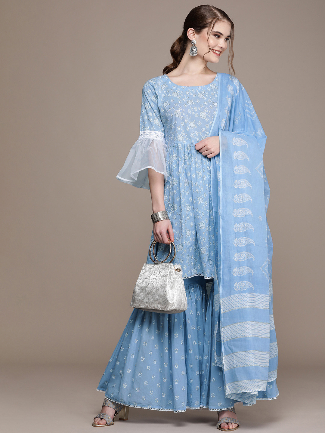 

Anouk Women Blue Floral Printed Regular Kurta with Palazzos & With Dupatta