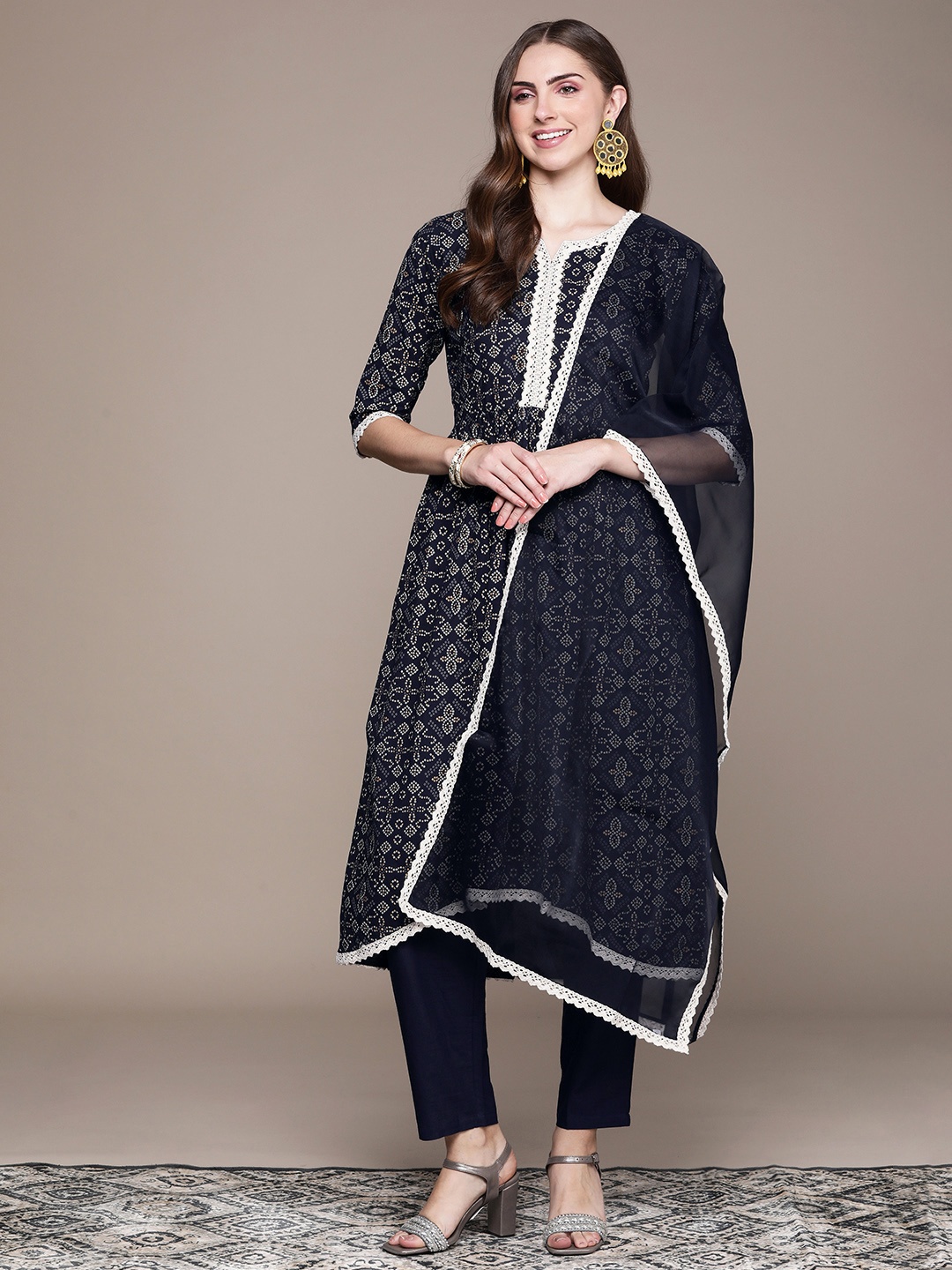 

Anouk Women Navy Blue Ethnic Motifs Regular Kurta with Trousers & With Dupatta
