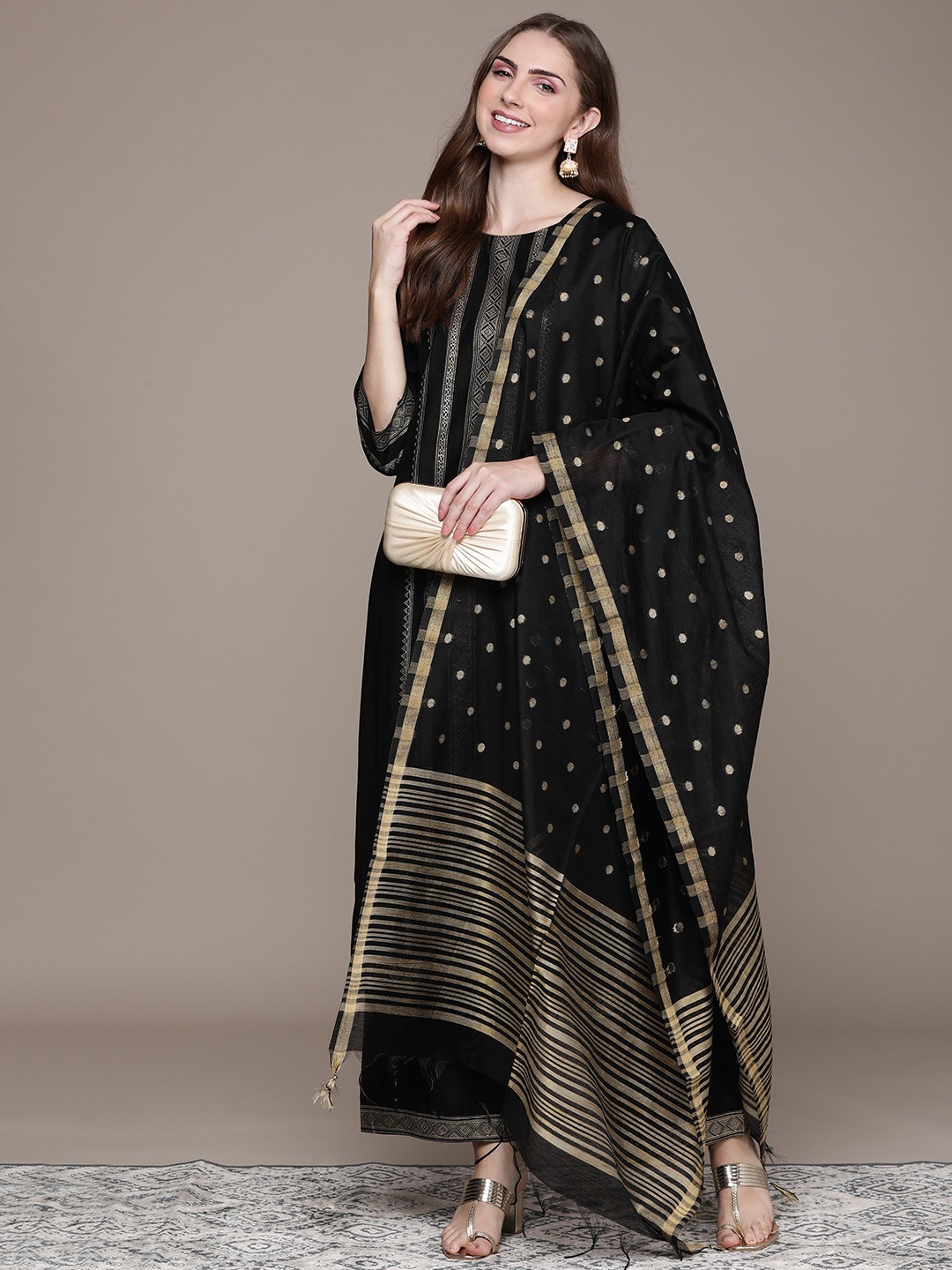 

Anouk Women Black Printed Regular Liva Kurta with Trousers & With Dupatta