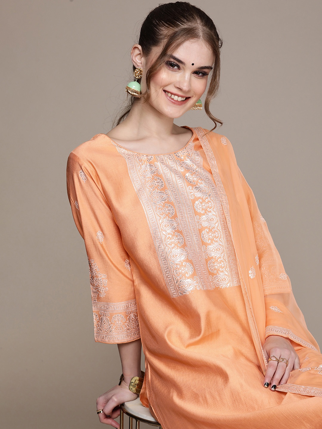 

Anouk Women Floral Printed Regular Liva Kurta with Palazzos & With Dupatta, Peach