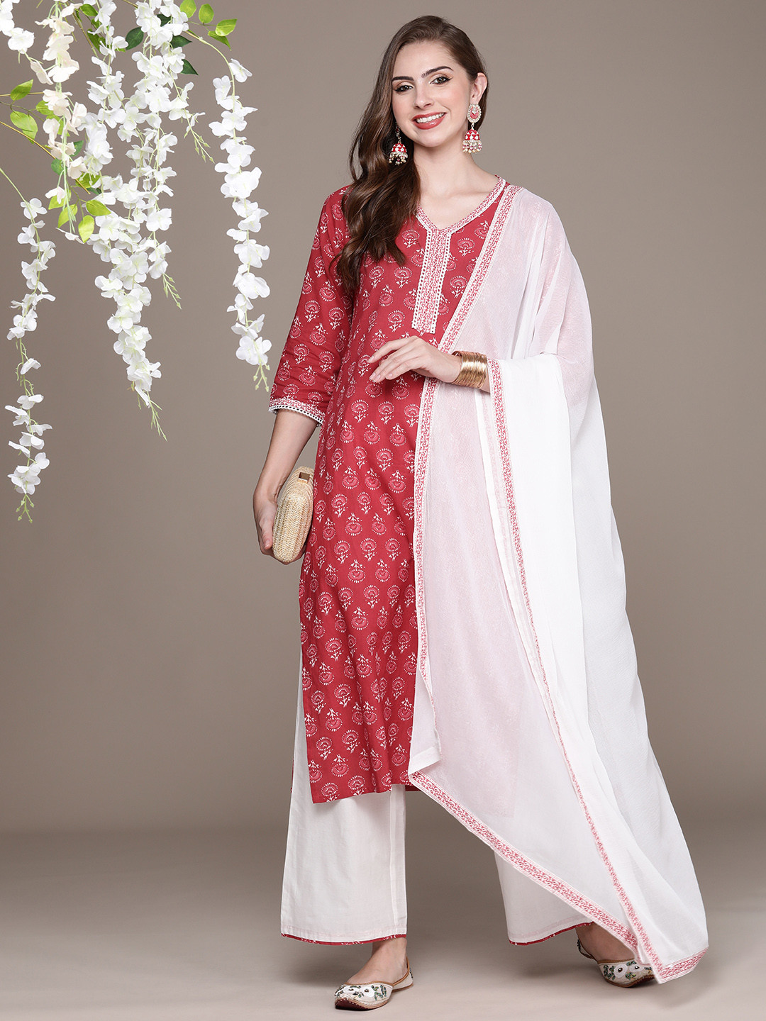 

Anouk Women Floral Printed Regular Kurta with Palazzos & With Dupatta, Red