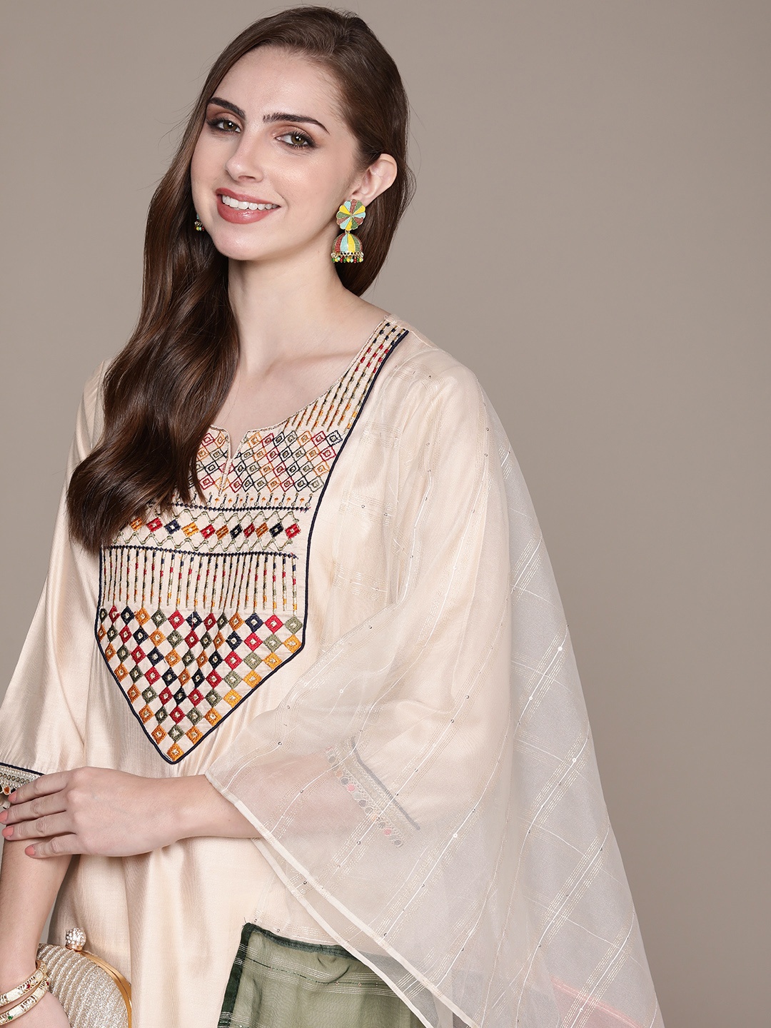 

Anouk Yoke Design Regular Liva Kurta with Palazzos & Dupatta, Beige