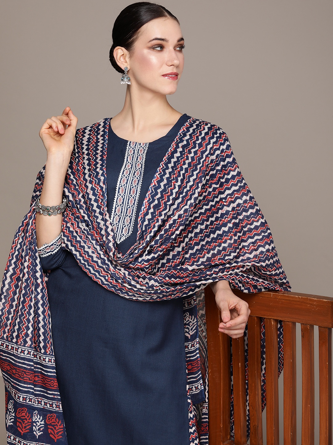 

Anouk Women Navy Blue Regular Kurta with Palazzos & With Dupatta