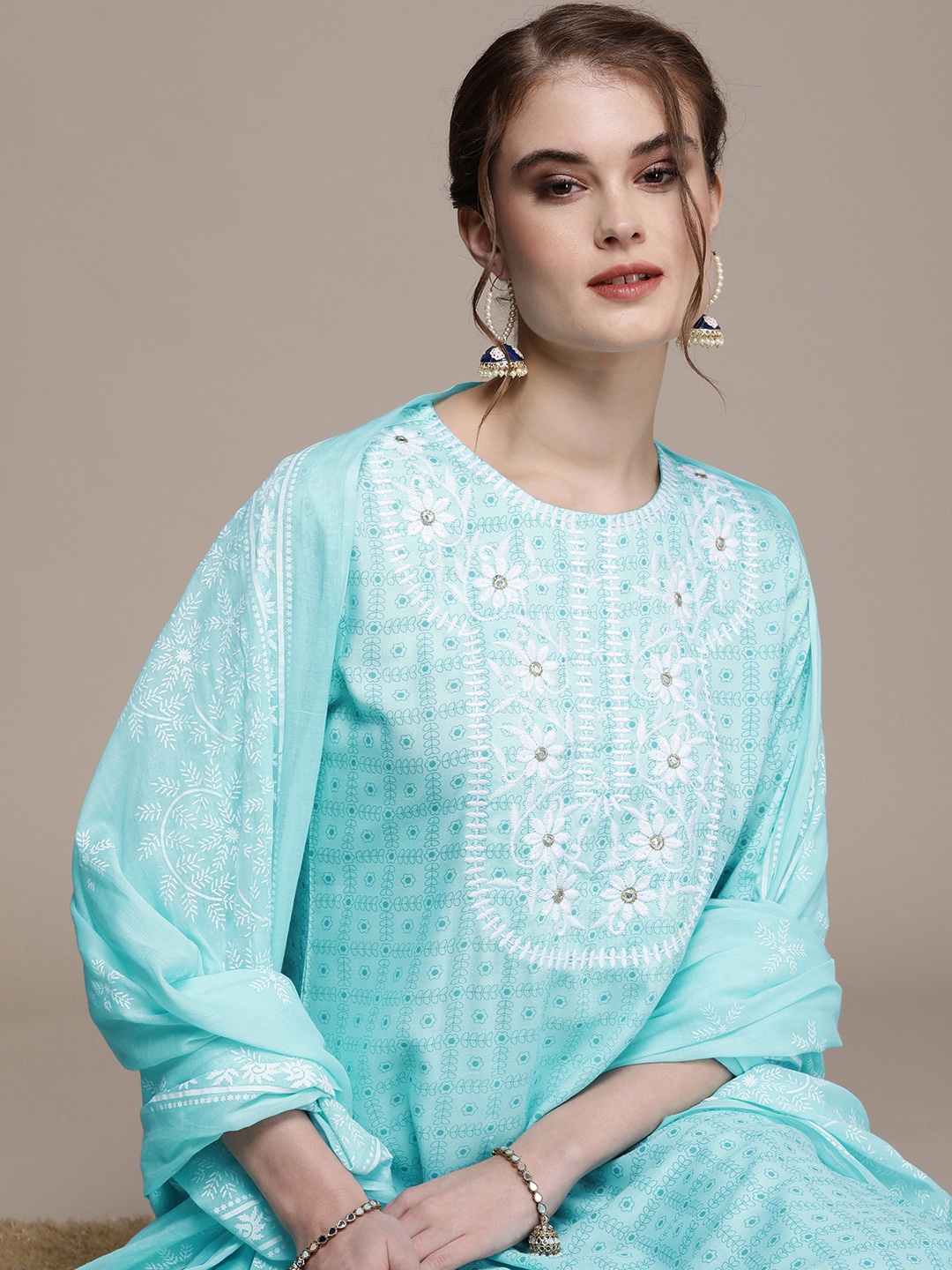 

Anouk Women Blue Embroidered Regular Thread Work Kurta with Trousers & With Dupatta