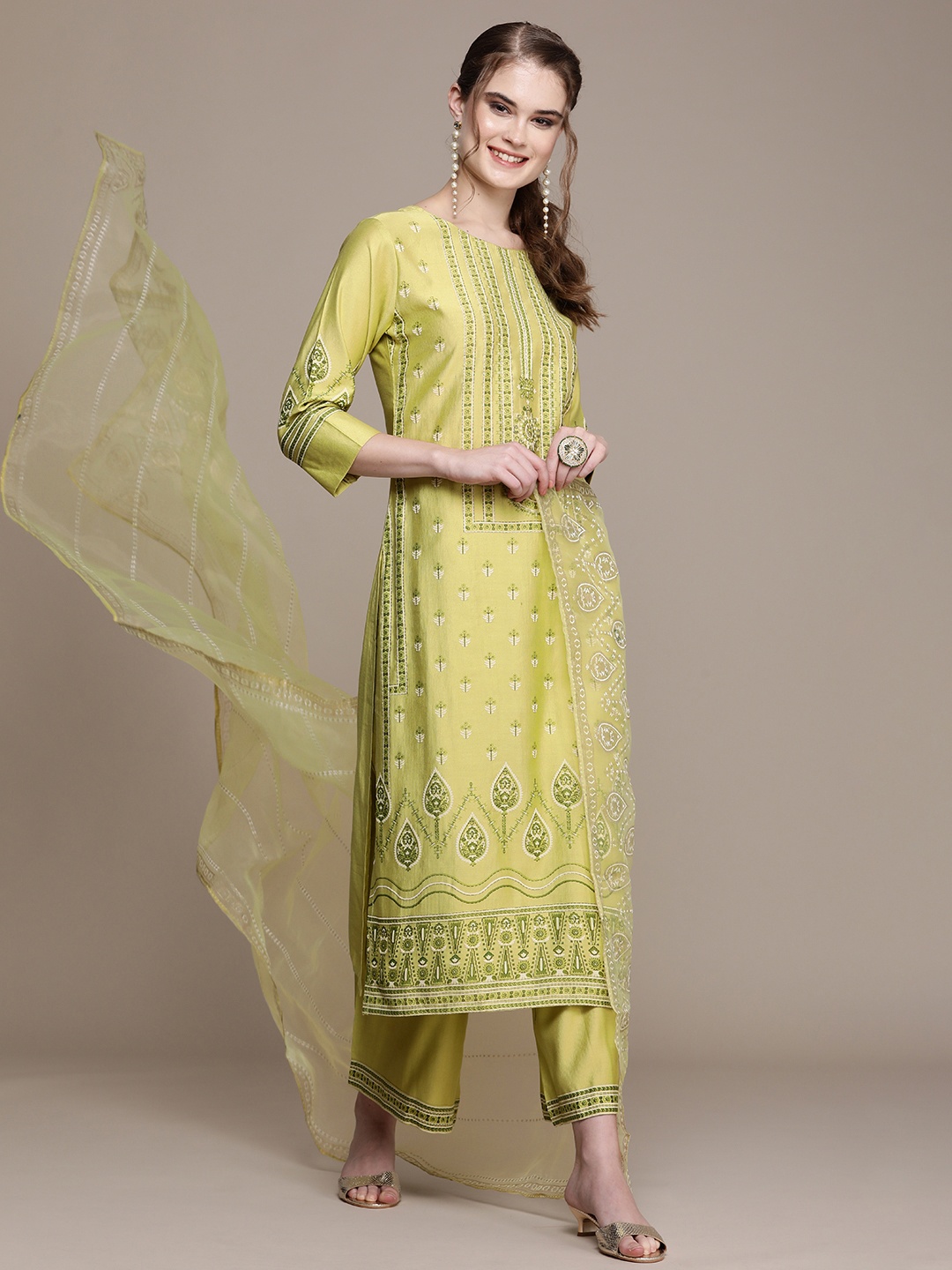 

Anouk Women Olive Green Floral Printed Regular Liva Kurta with Palazzos & With Dupatta