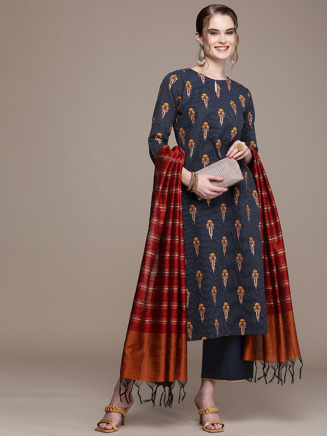 

Anouk Women Navy Blue Floral Printed Regular Kurta with Trousers & With Dupatta