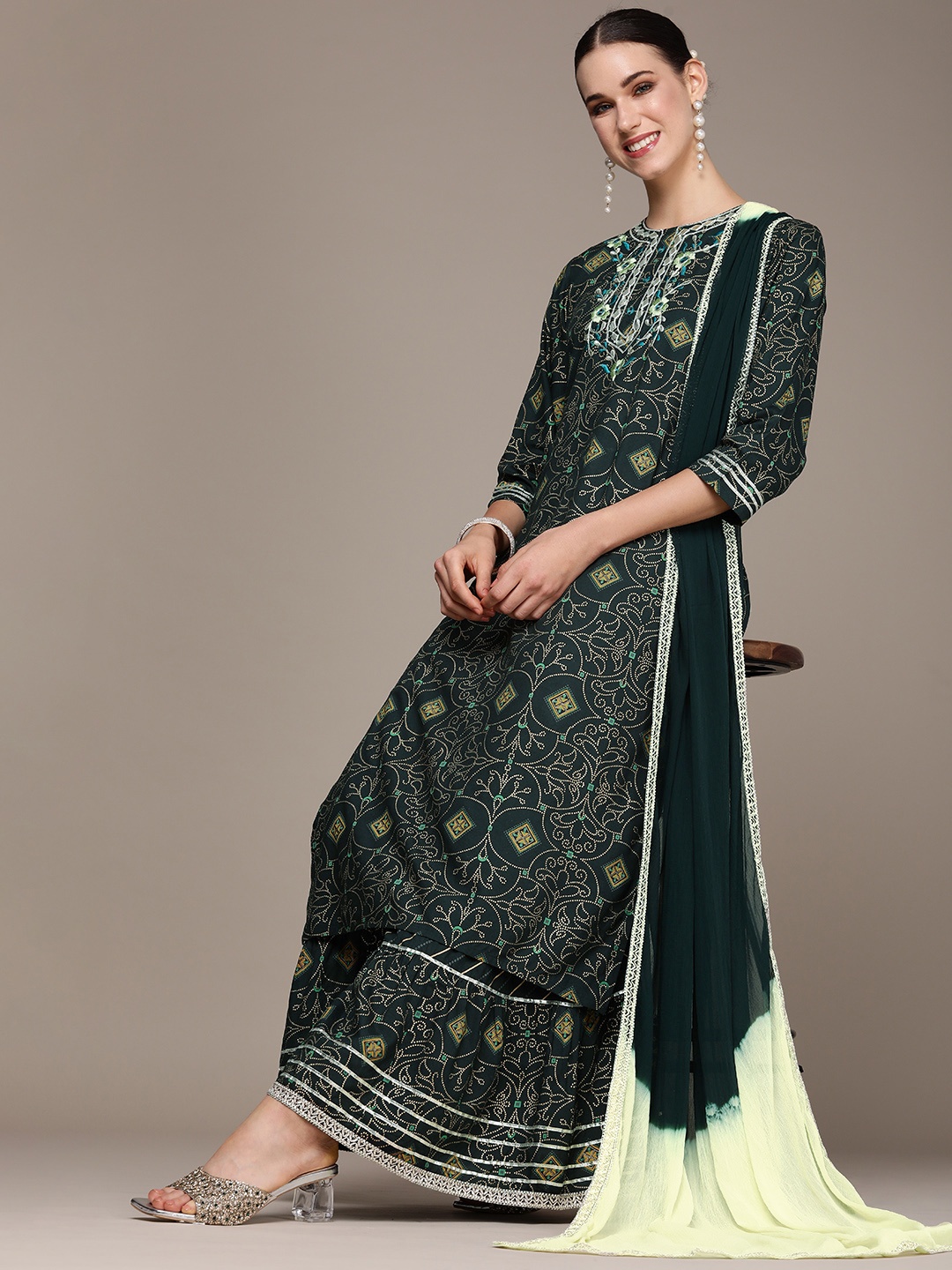 

Anouk Women Green Floral Embroidered Regular Thread Work Kurta with Sharara & With Dupatta
