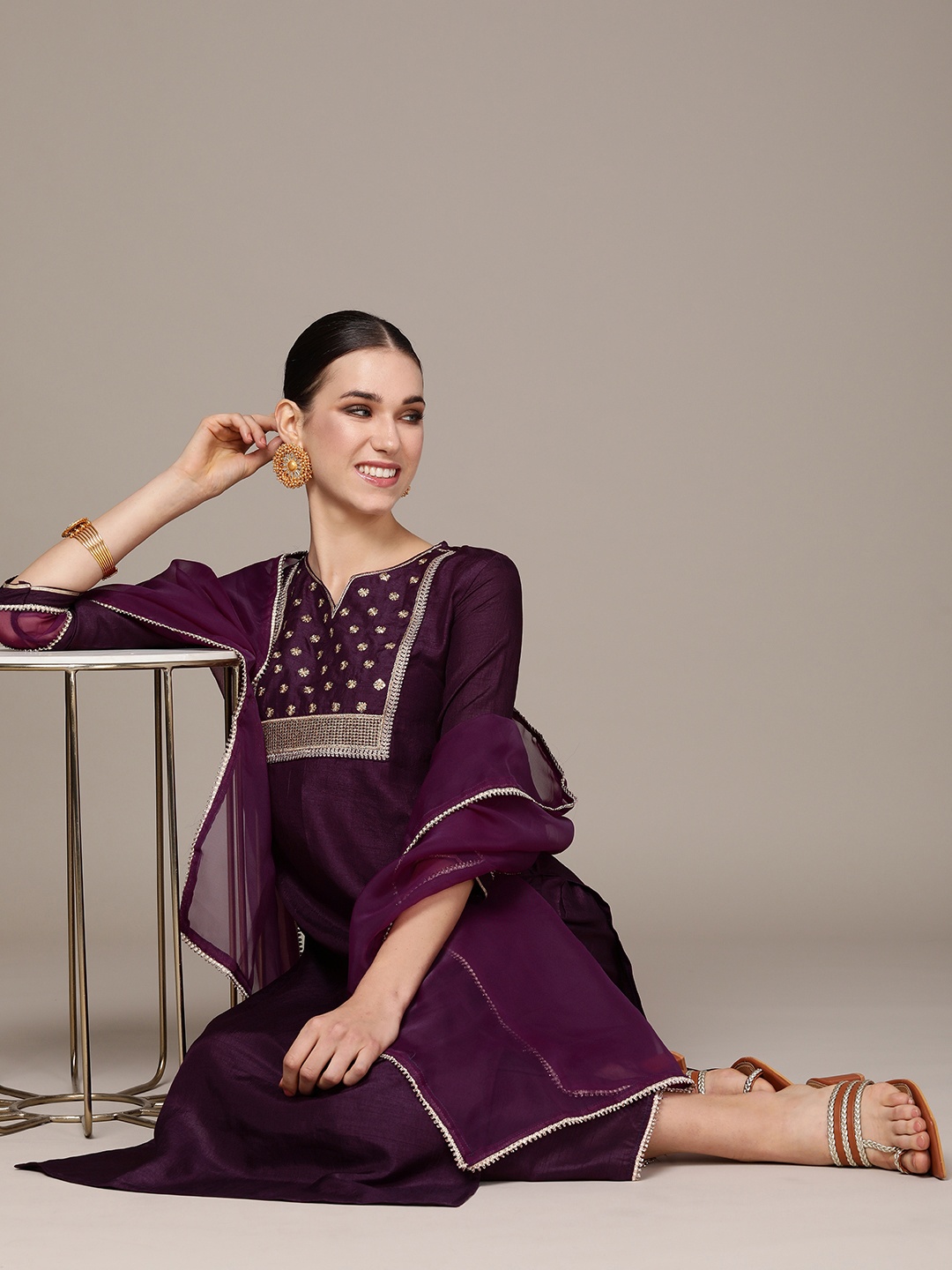 

Anouk Women Purple Ethnic Motifs Yoke Design Regular Kurta with Trousers & With Dupatta