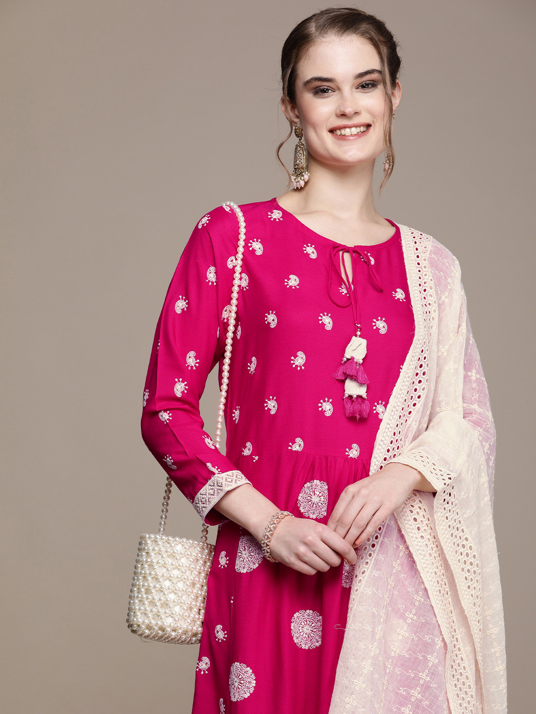 

Anouk Women Pink Paisley Embroidered Regular Kurta with Trousers & With Dupatta