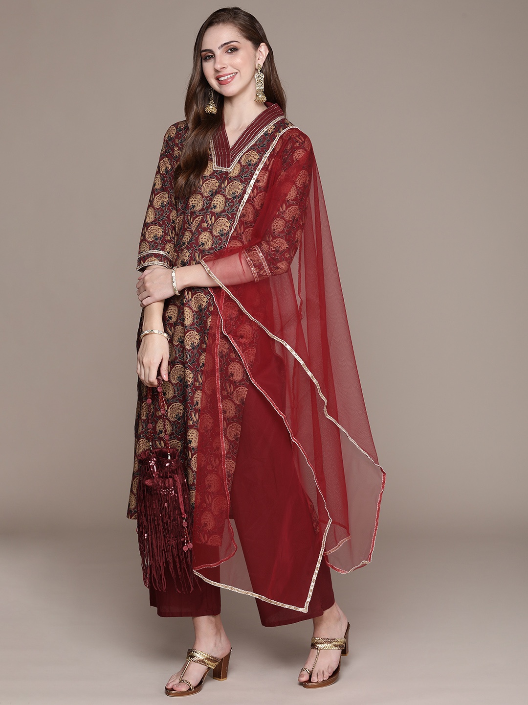 

Anouk Women Floral Printed Regular Sequinned Kurta with Palazzos & With Dupatta, Maroon