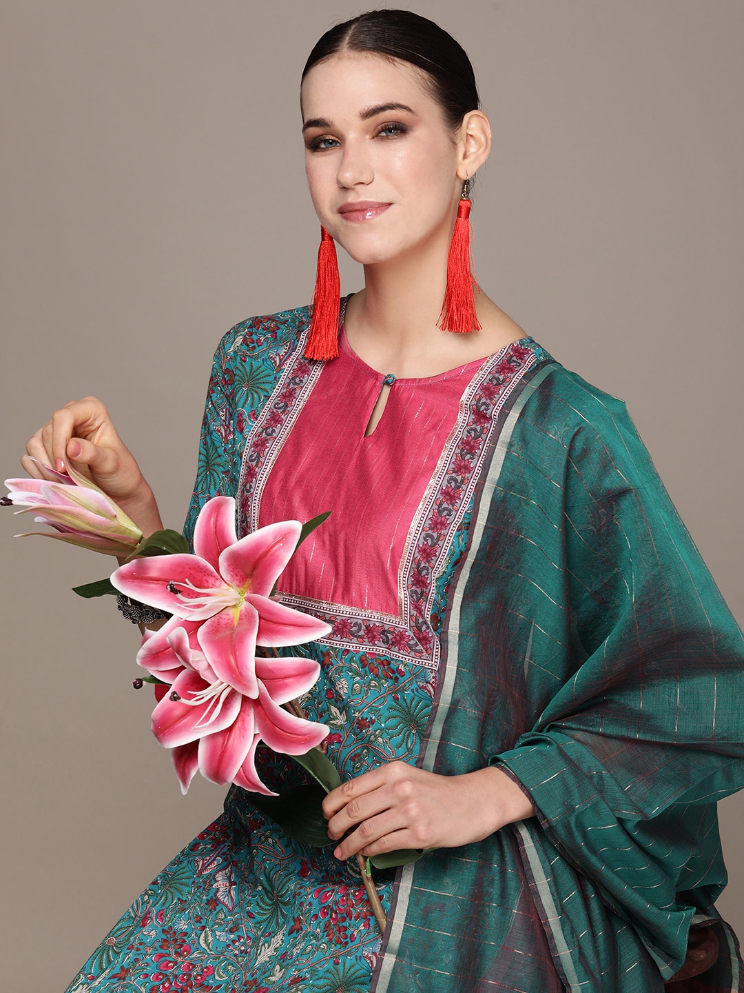 

Anouk Women Teal Floral Printed Regular Kurta with Palazzos & With Dupatta