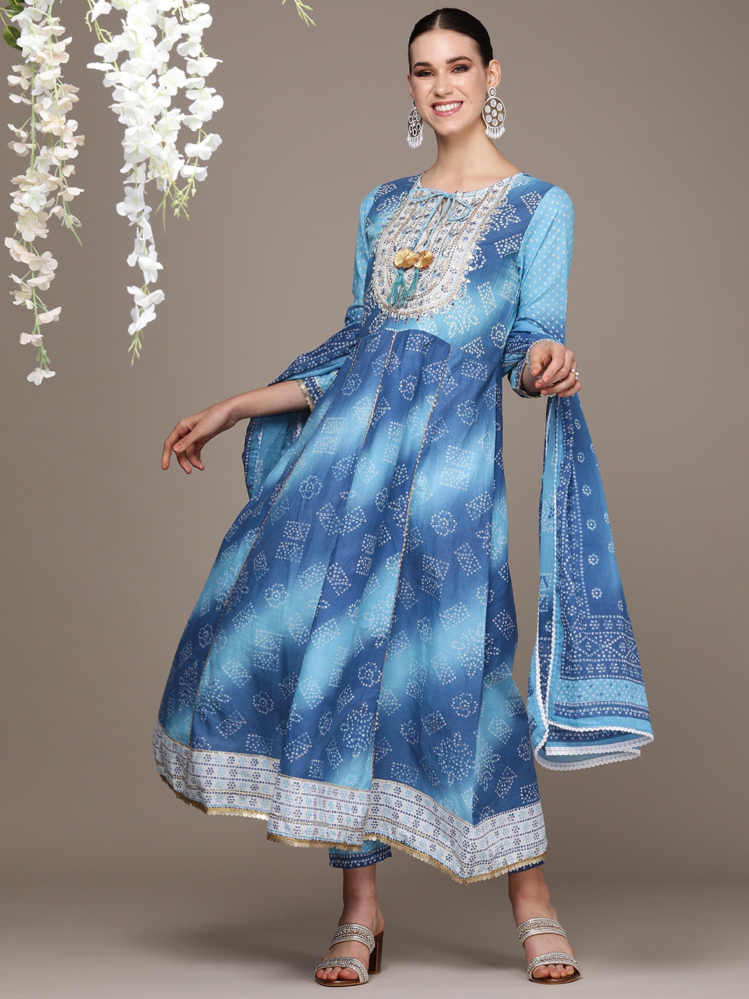 

Anouk Women Blue Bandhani Embroidered Empire Kurta with Trousers & With Dupatta