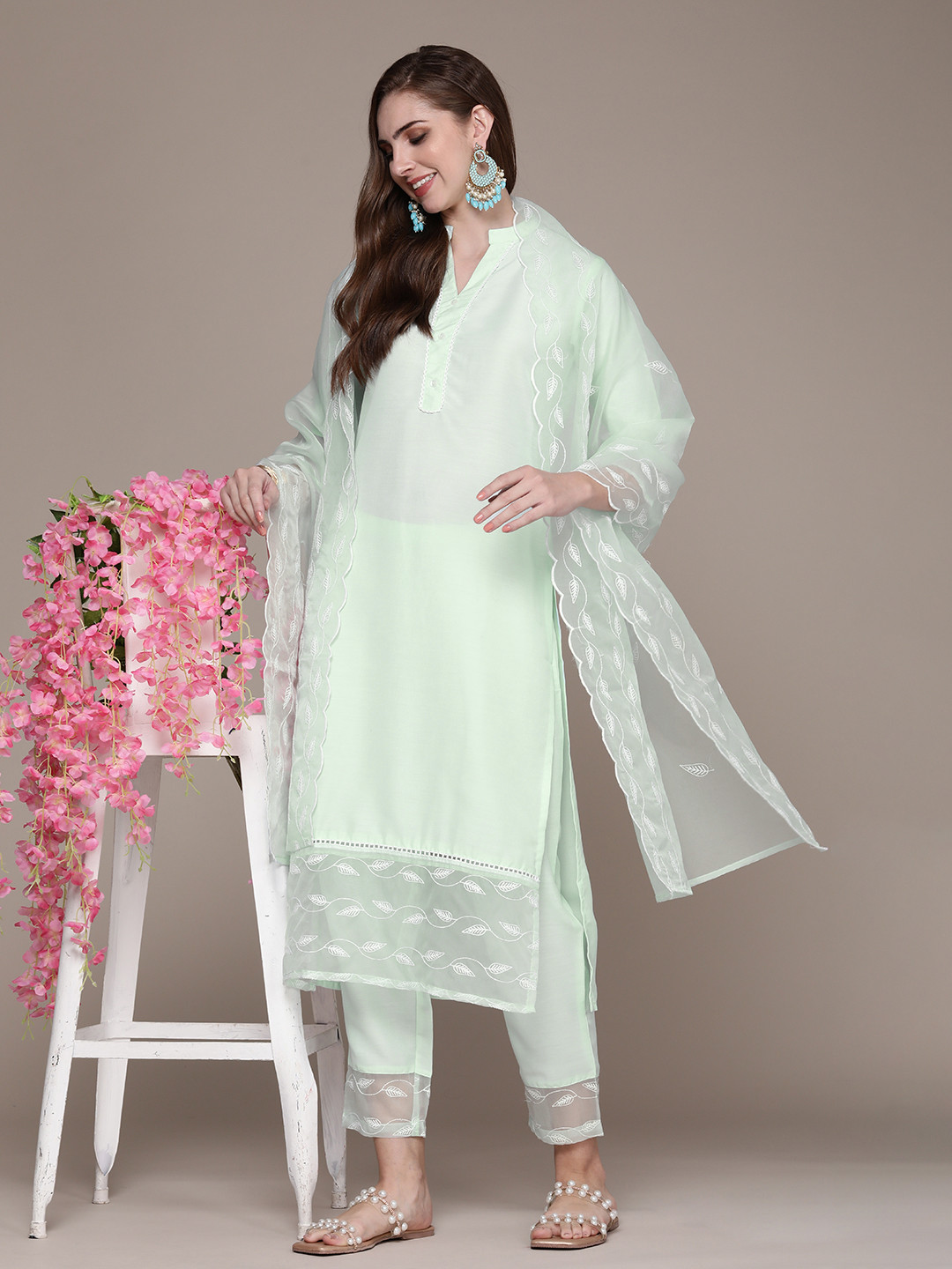 

Anouk Women Embroidered Regular Kurta with Trousers & With Dupatta, Sea green
