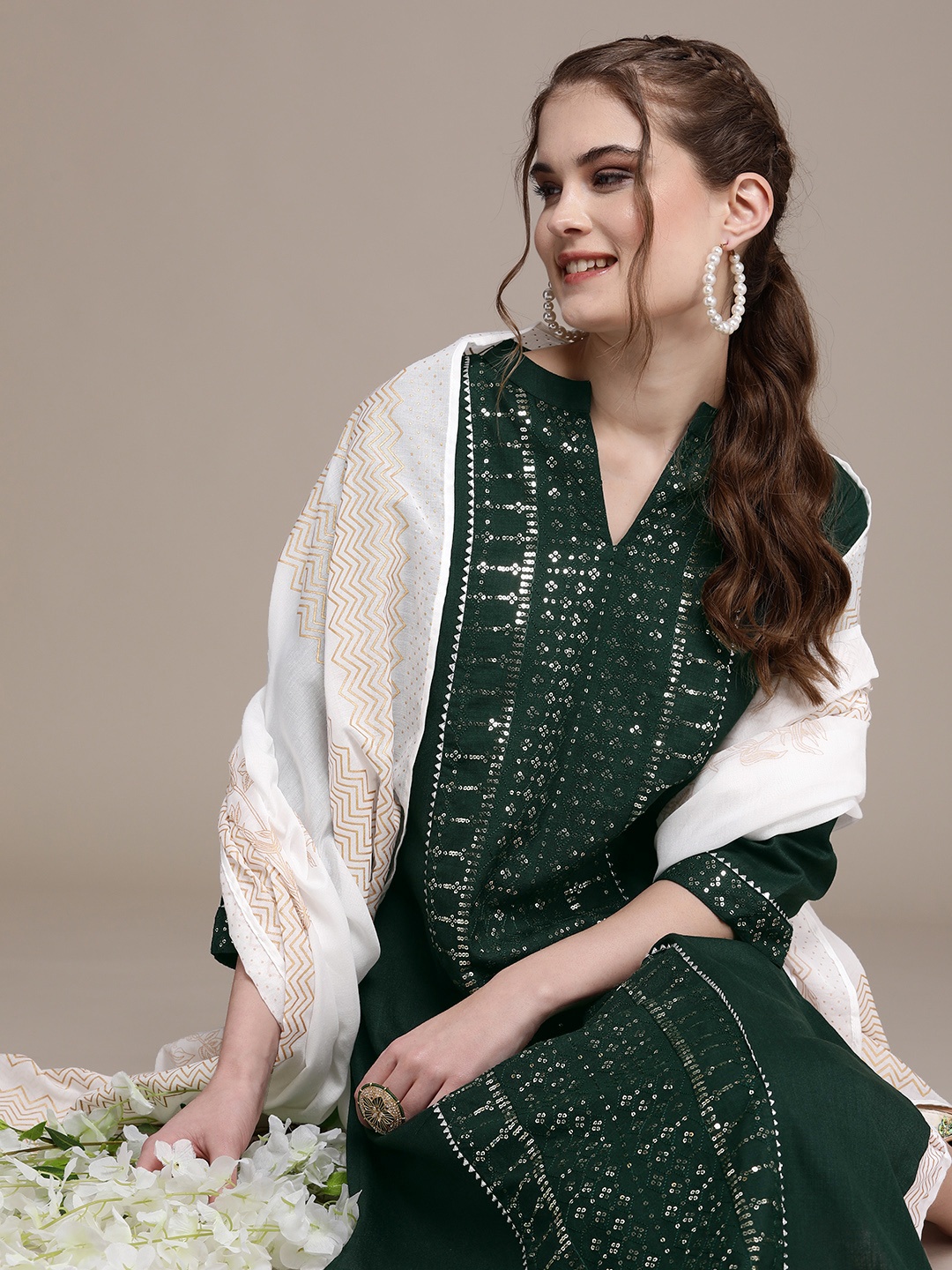 

Anouk Women Green Ethnic Motifs Embroidered Regular Kurta with Trousers & With Dupatta