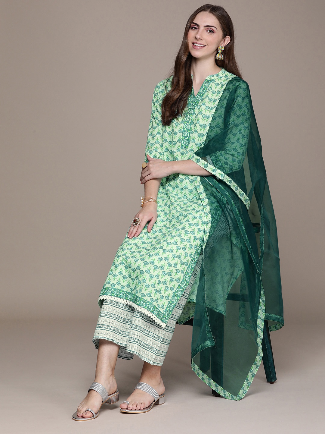 

Anouk Women Sea Green Floral Printed Regular Kurta with Palazzos & With Dupatta