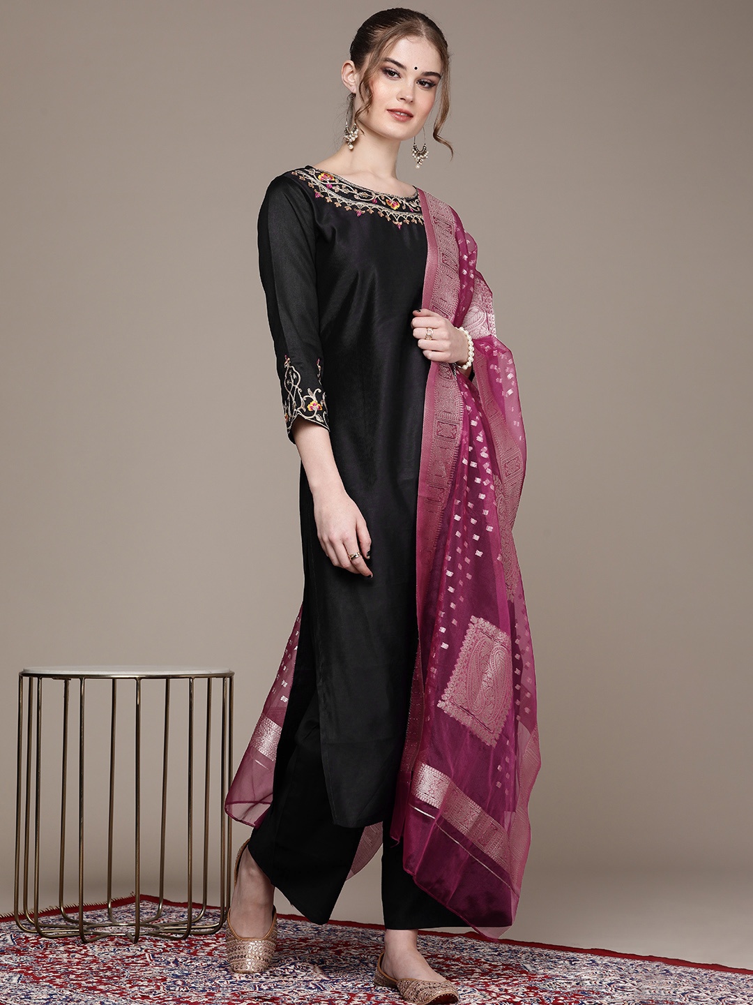 

Anouk Women Black Ethnic Motifs Embroidered Regular Liva Kurta with Palazzos & With Dupatta