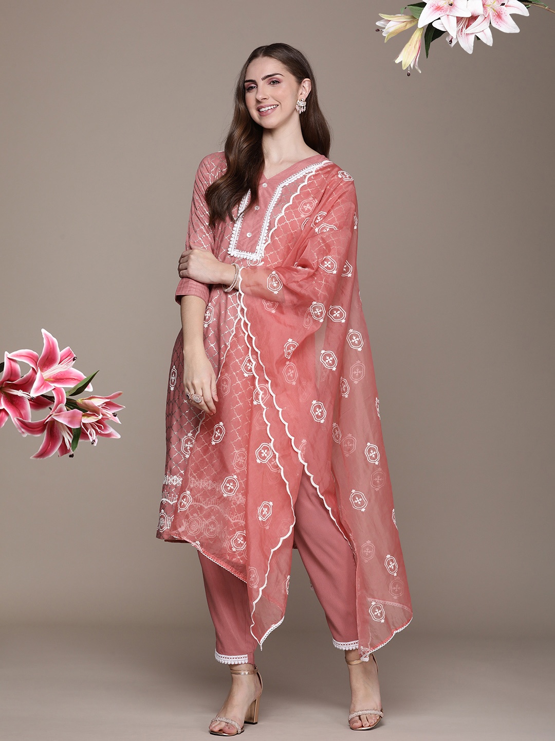 

Anouk Women Mauve Ethnic Motifs Printed Regular Kurta with Trousers & With Dupatta