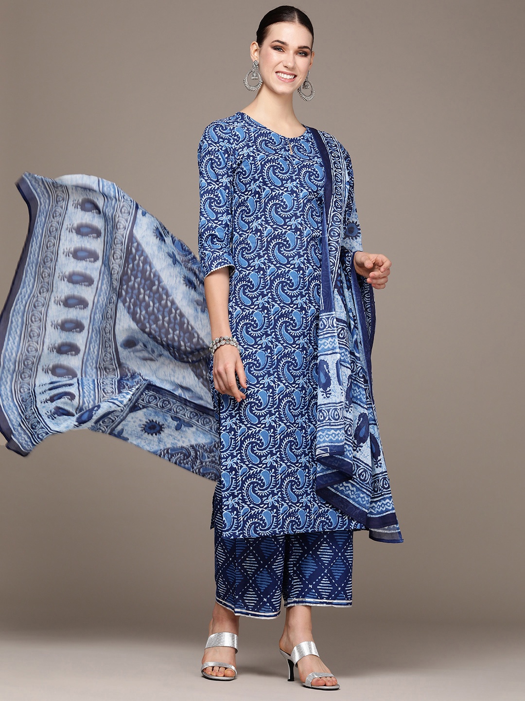 

Anouk Women Blue Paisley Printed Regular Kurta with Palazzos & With Dupatta