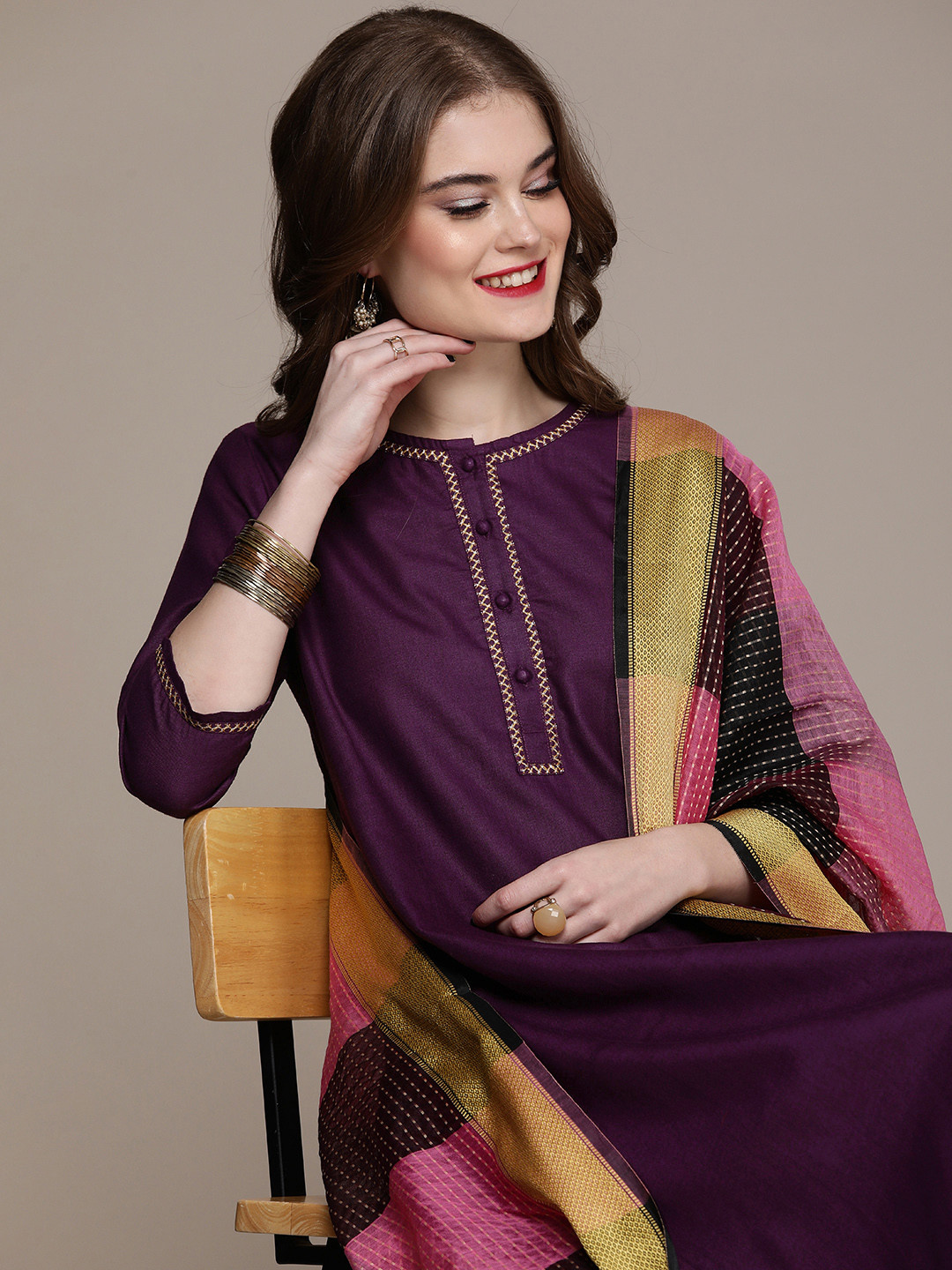

Anouk Women Purple Ethnic Motifs Yoke Design Regular Kurta with Trousers & With Dupatta