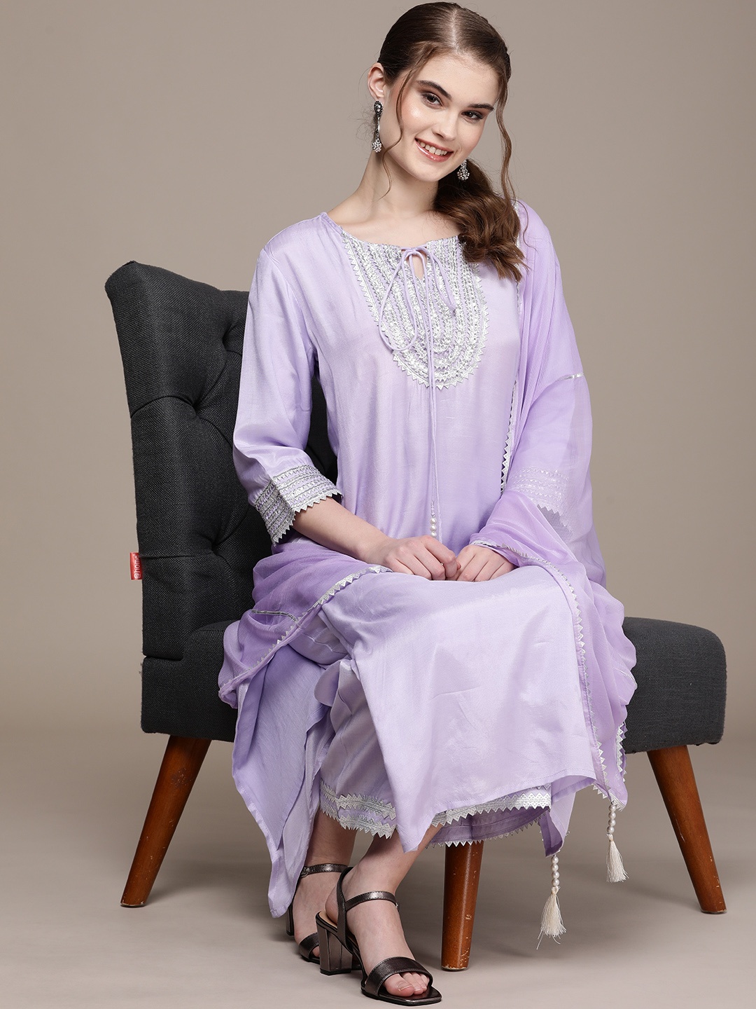 

Anouk Women Purple Ethnic Motifs Embroidered Regular Kurta with Trousers & With Dupatta