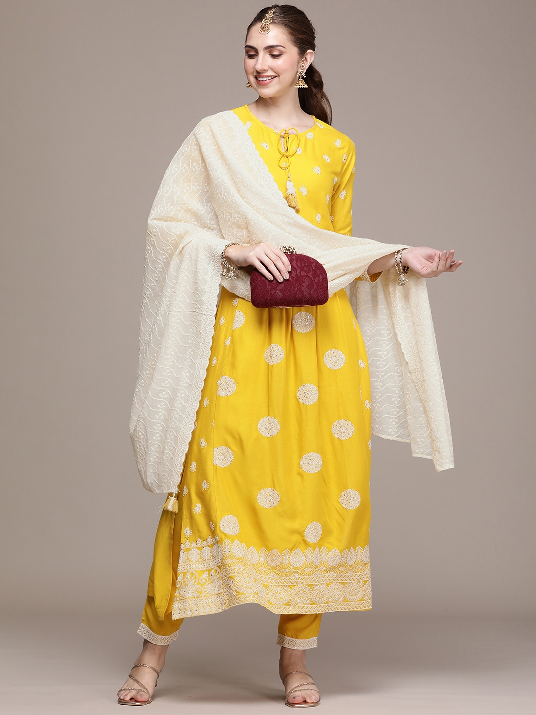 

Anouk Women Floral Embroidered Regular Kurta with Trousers & With Dupatta, Yellow