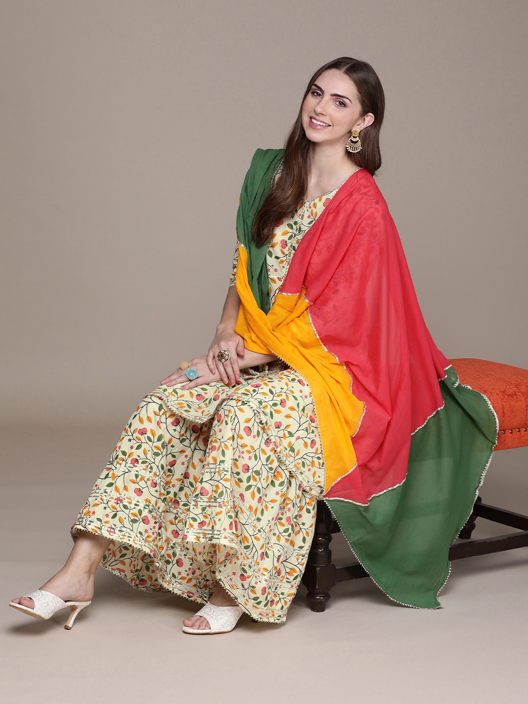 

Anouk Women White Ethnic Motifs Printed Regular Kurta with Sharara & With Dupatta