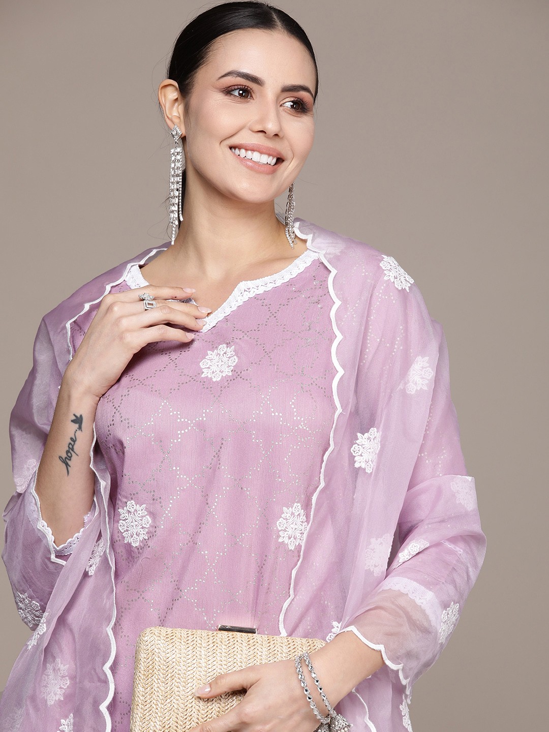 

Anouk Women Ethnic Motifs Embroidered Regular Kurta with Trousers & With Dupatta, Lavender