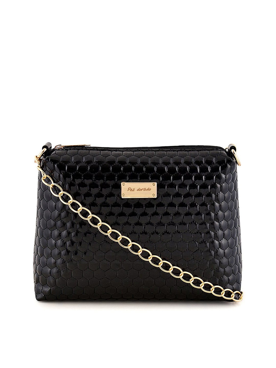

Pez dorado Geometric Textured PU Structured Sling Bag, Black