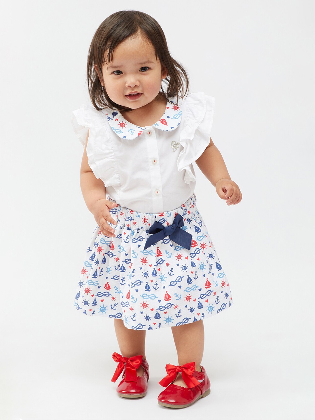 

One Friday Infant Girls Printed Flutter Sleeves Top with Skirt, Off white