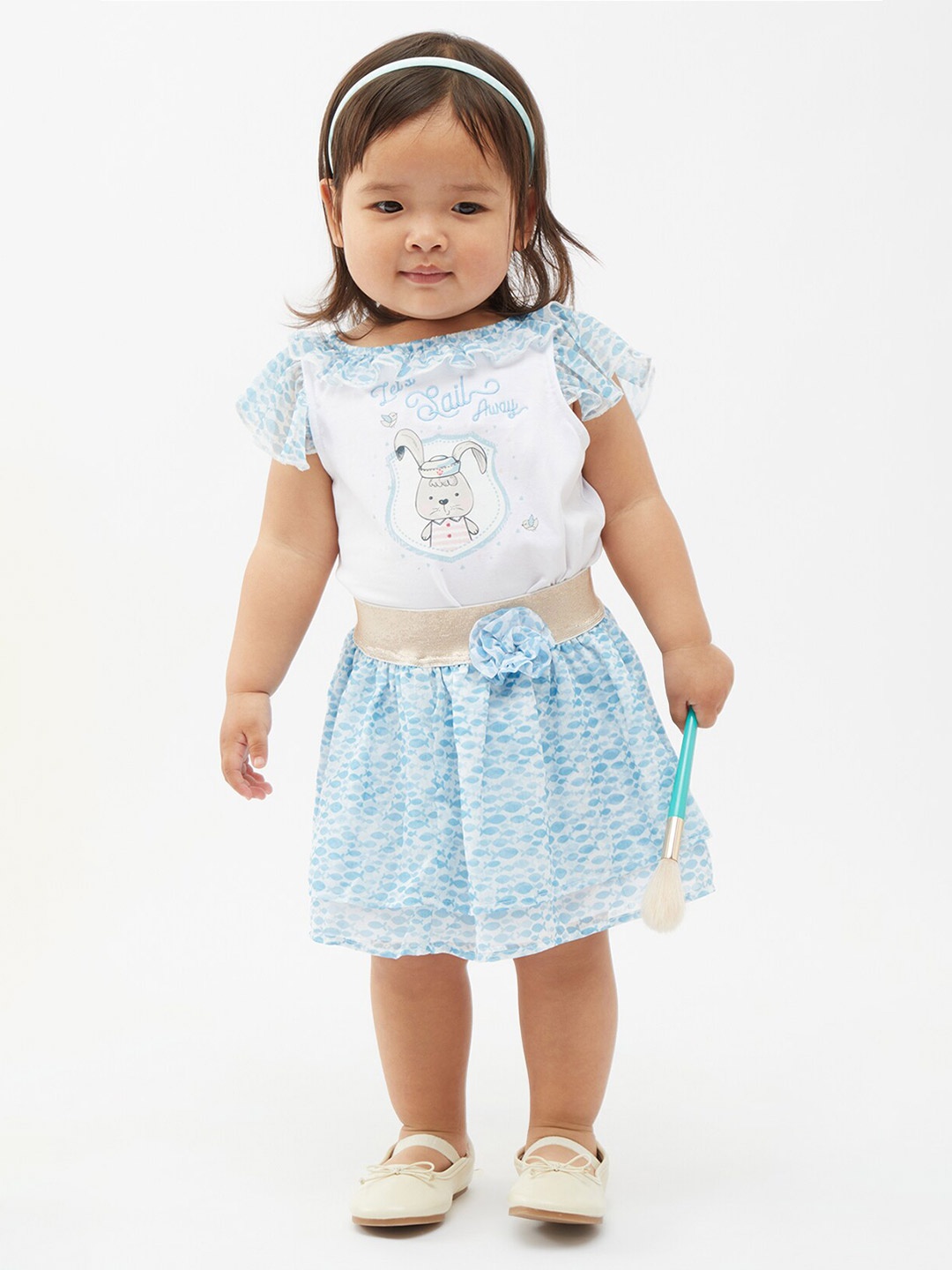 

One Friday Infant Girls Printed Top with Skirt, White