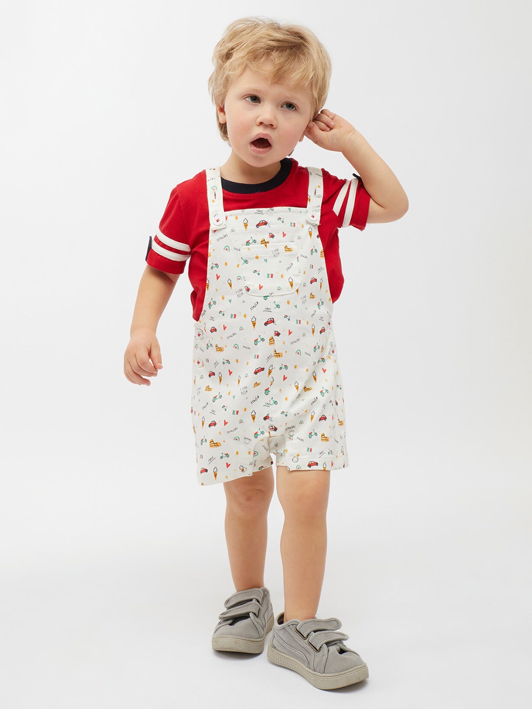 

One Friday Infant Boys Printed T-shirt with Dungarees, Off white