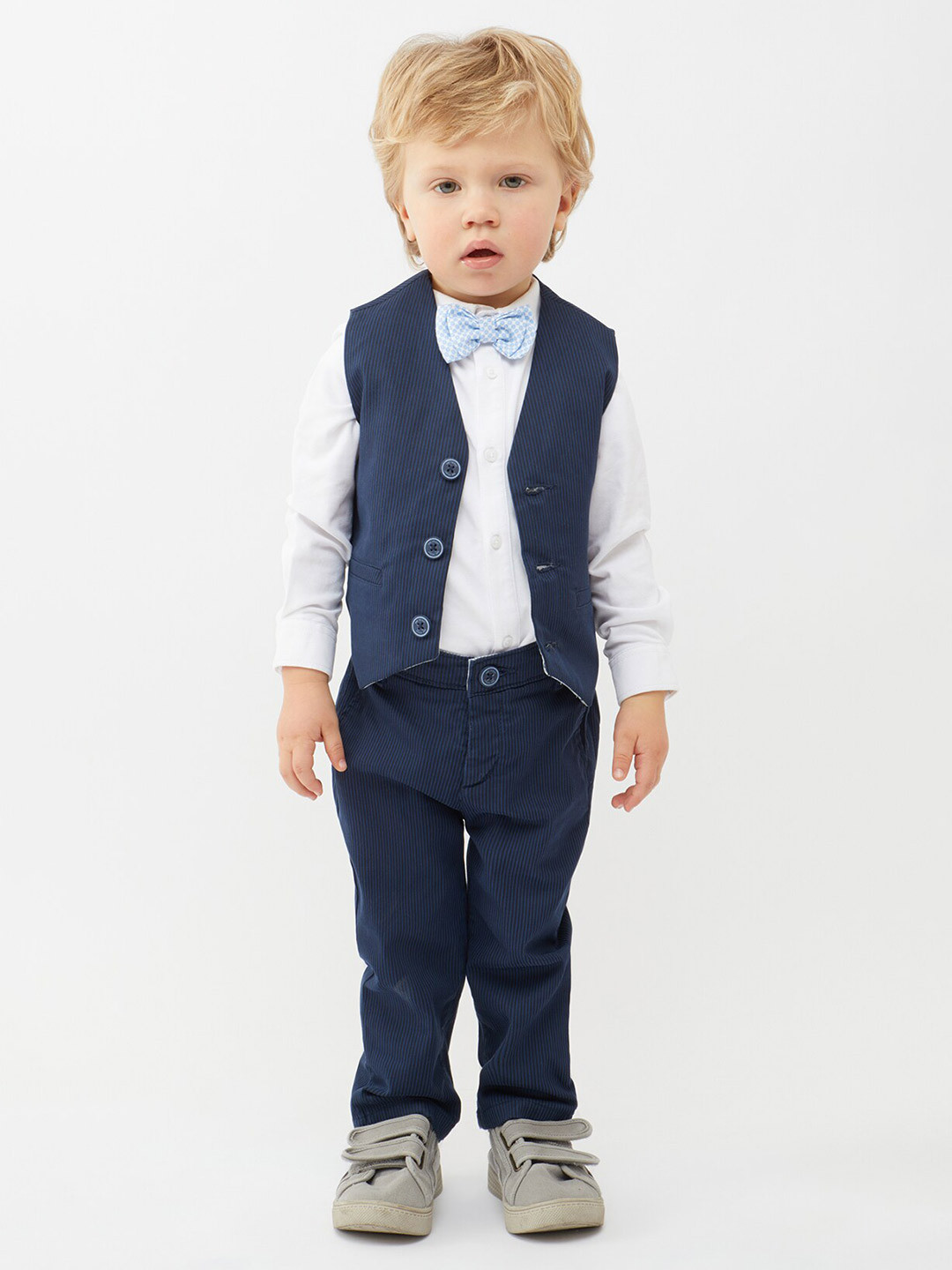 

One Friday Boys Striped Shirt With Trousers & Waist coat, Navy blue