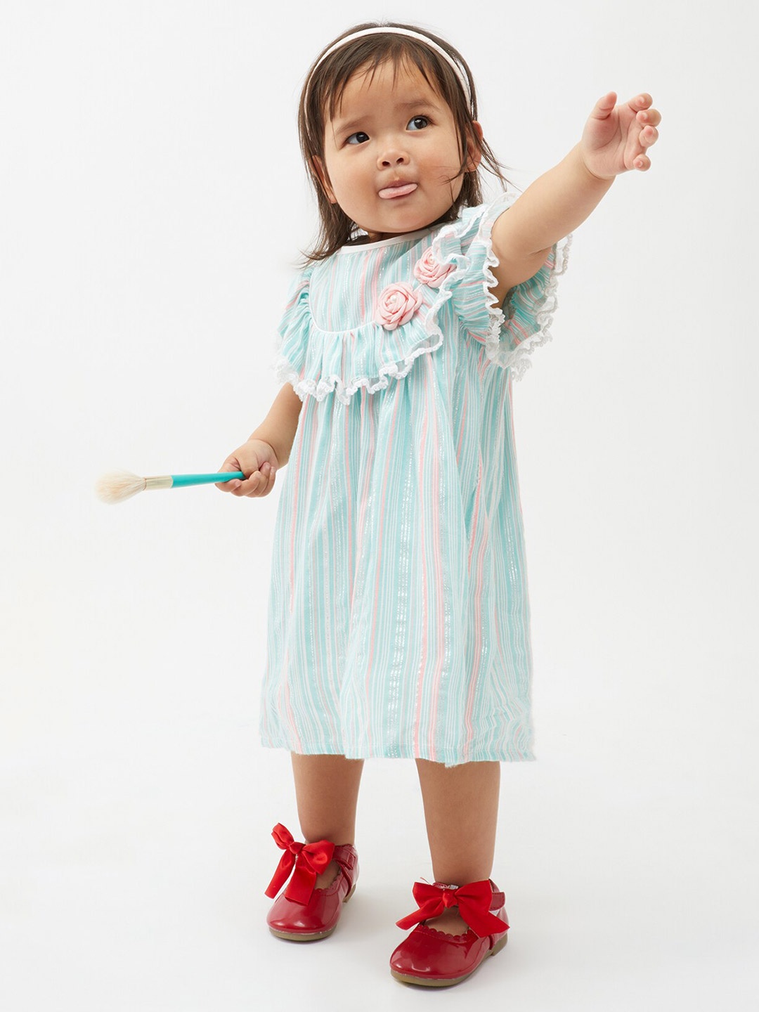 

One Friday Infant Girls Striped Ruffled A-Line Dress, Turquoise blue