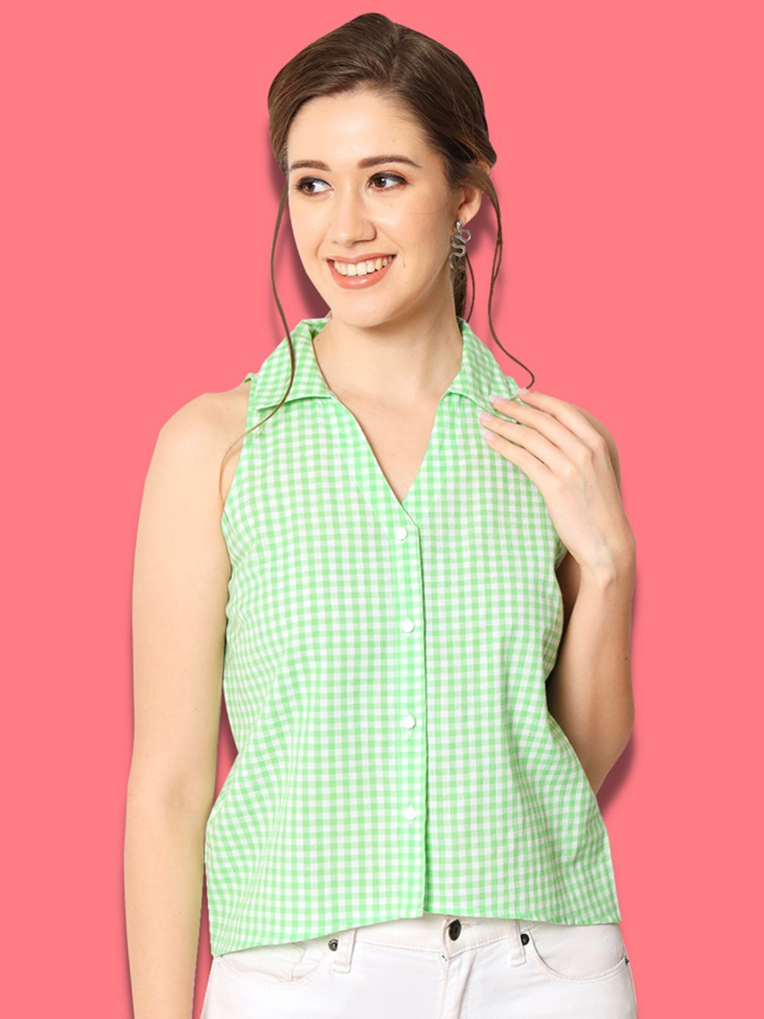 

CHARMGAL Checked Shirt Collar Sleeveless Shirt Style Top, Green