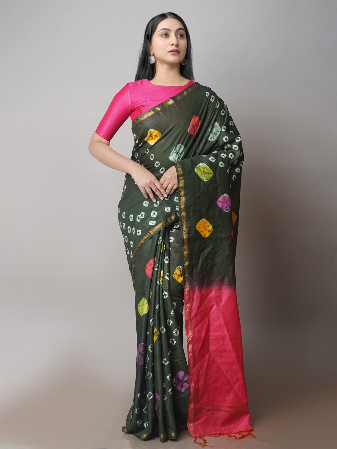 

Unnati Silks Batik Printed Silk Cotton Chanderi Saree, Green