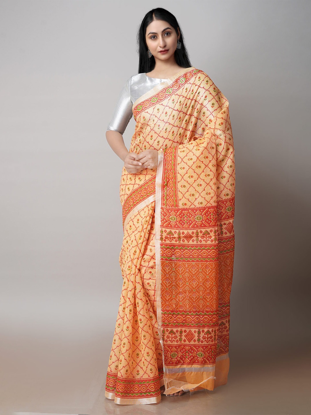 

Unnati Silks Ethnic Motifs Printed Pure Cotton Handloom Kota Saree, Orange