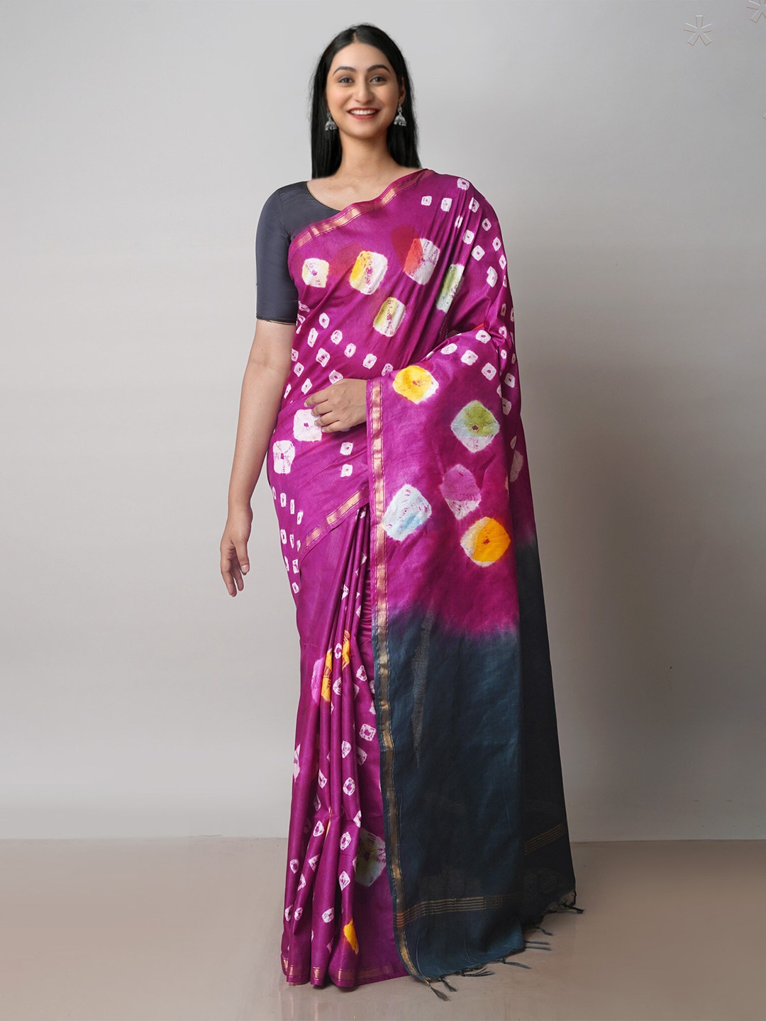 

Unnati Silks Tie & Dye Printed Silk Cotton Chanderi Saree, Purple