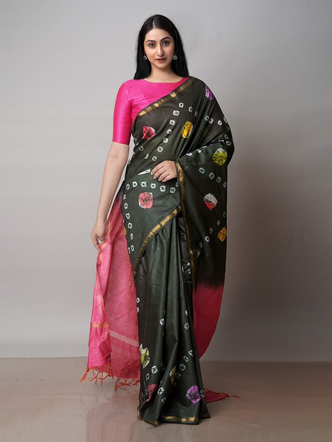 

Unnati Silks Tie & Dye Printed Silk Cotton Chanderi Saree, Green