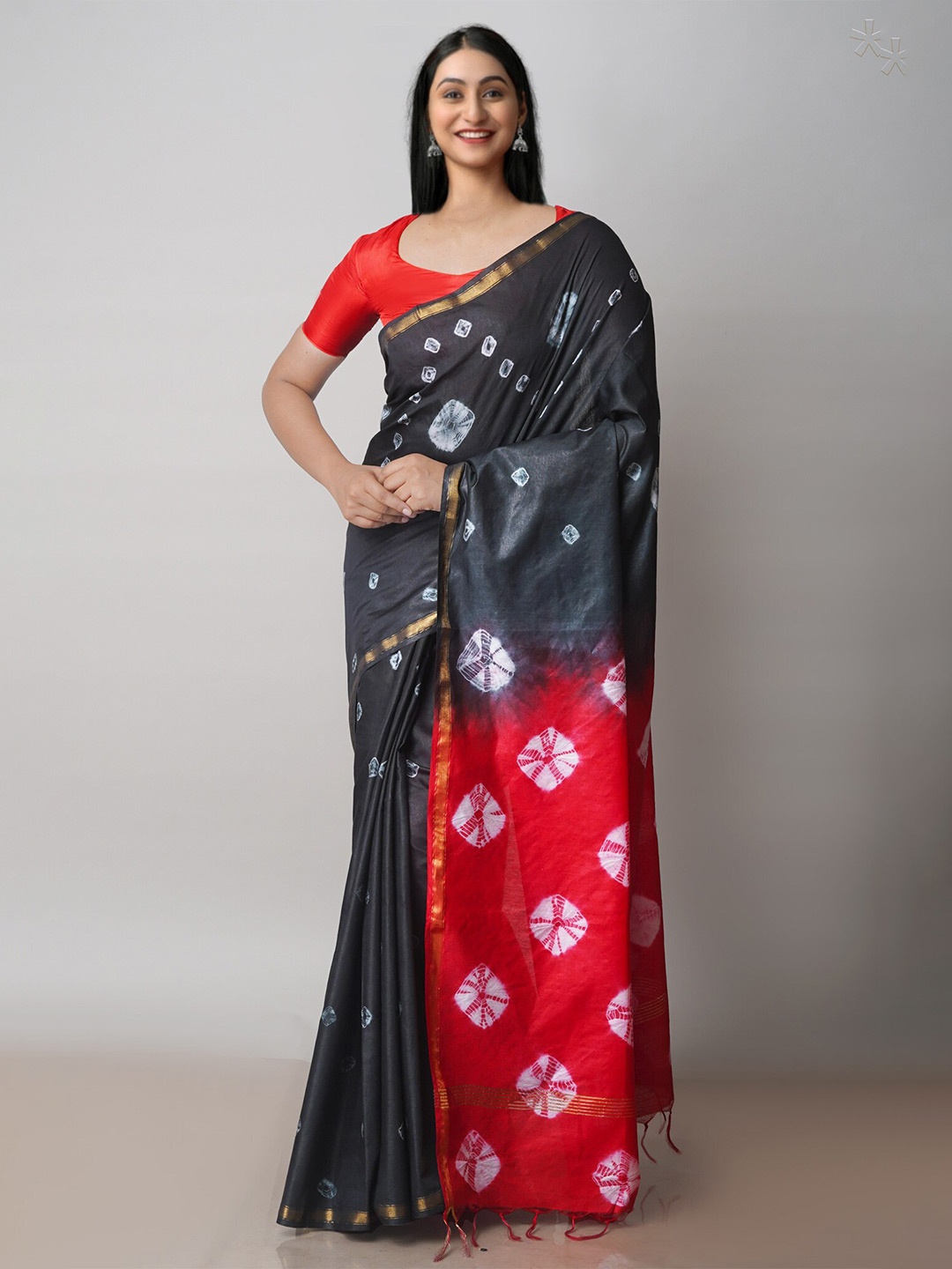 

Unnati Silks Tie & Dye Printed Silk Cotton Chanderi Saree, Black