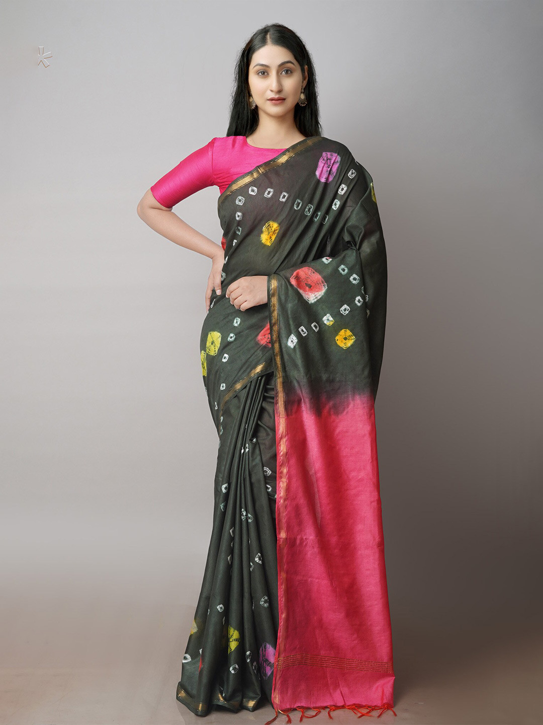 

Unnati Silks Tie & Dye Printed Silk Cotton Chanderi Saree, Green