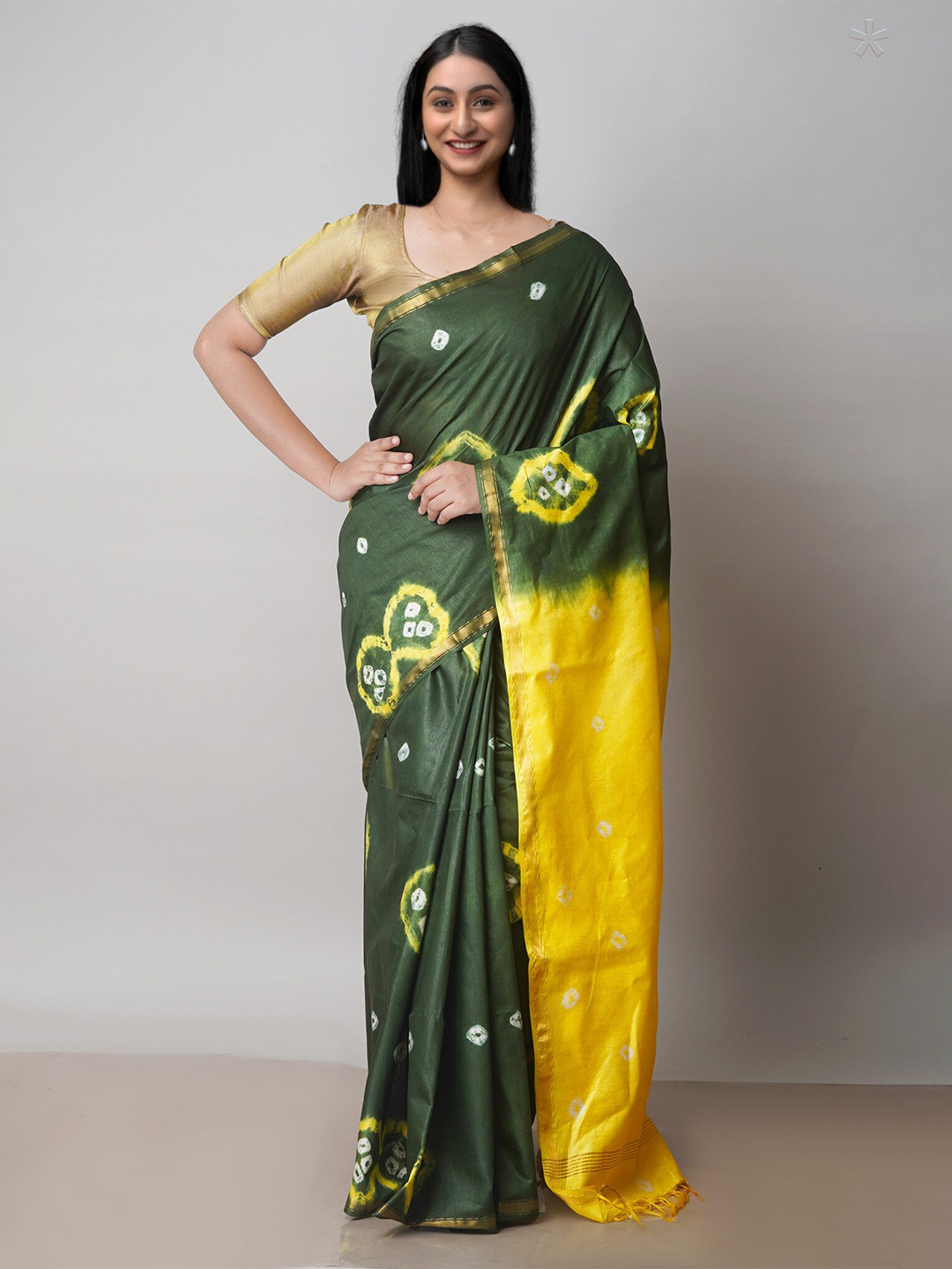 

Unnati Silks Bandhani Printed Silk Cotton Chanderi Saree, Green