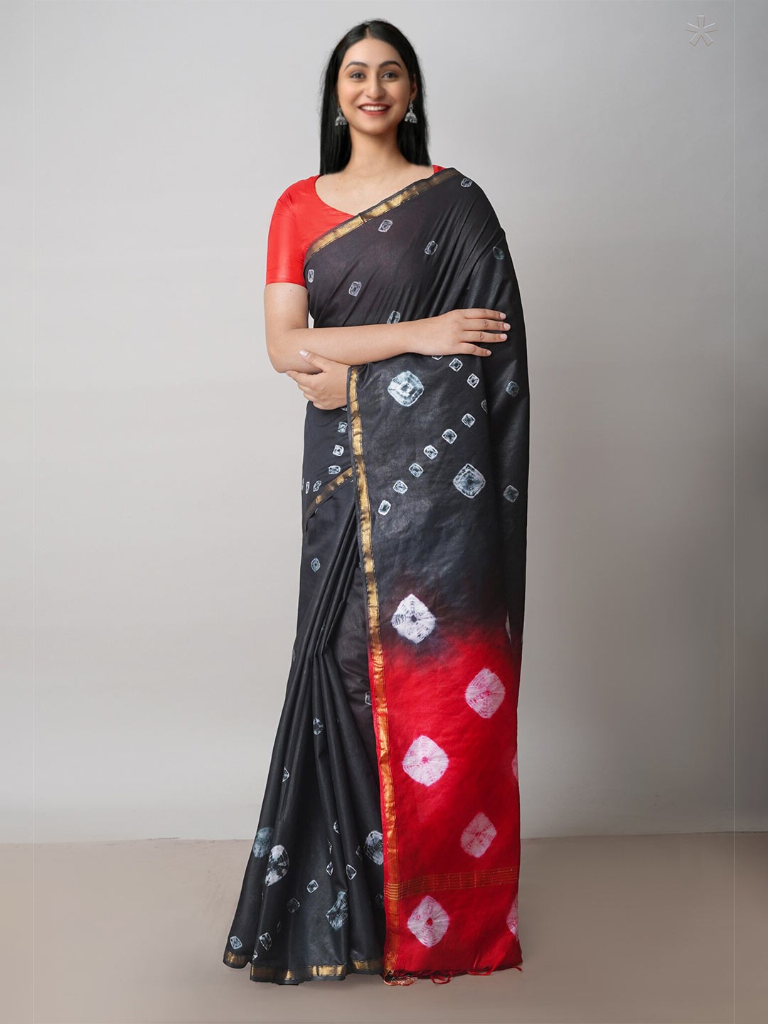 

Unnati Silks Tie & Dye Printed Silk Cotton Chanderi Saree, Black
