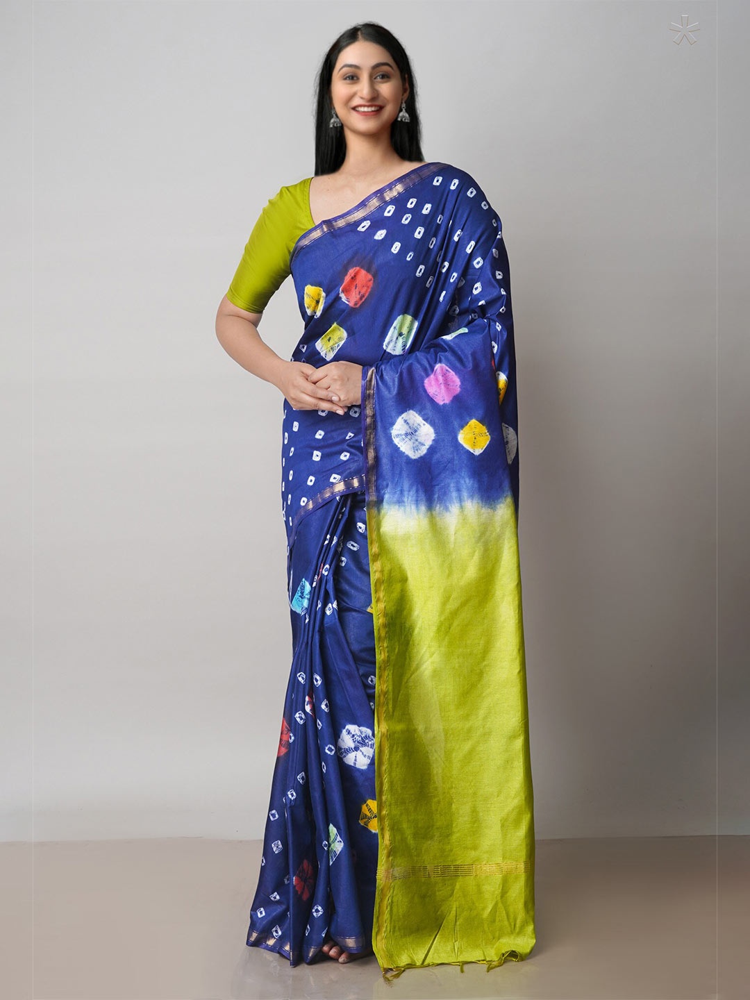 

Unnati Silks Bandhani Printed Silk Cotton Chanderi Saree, Blue