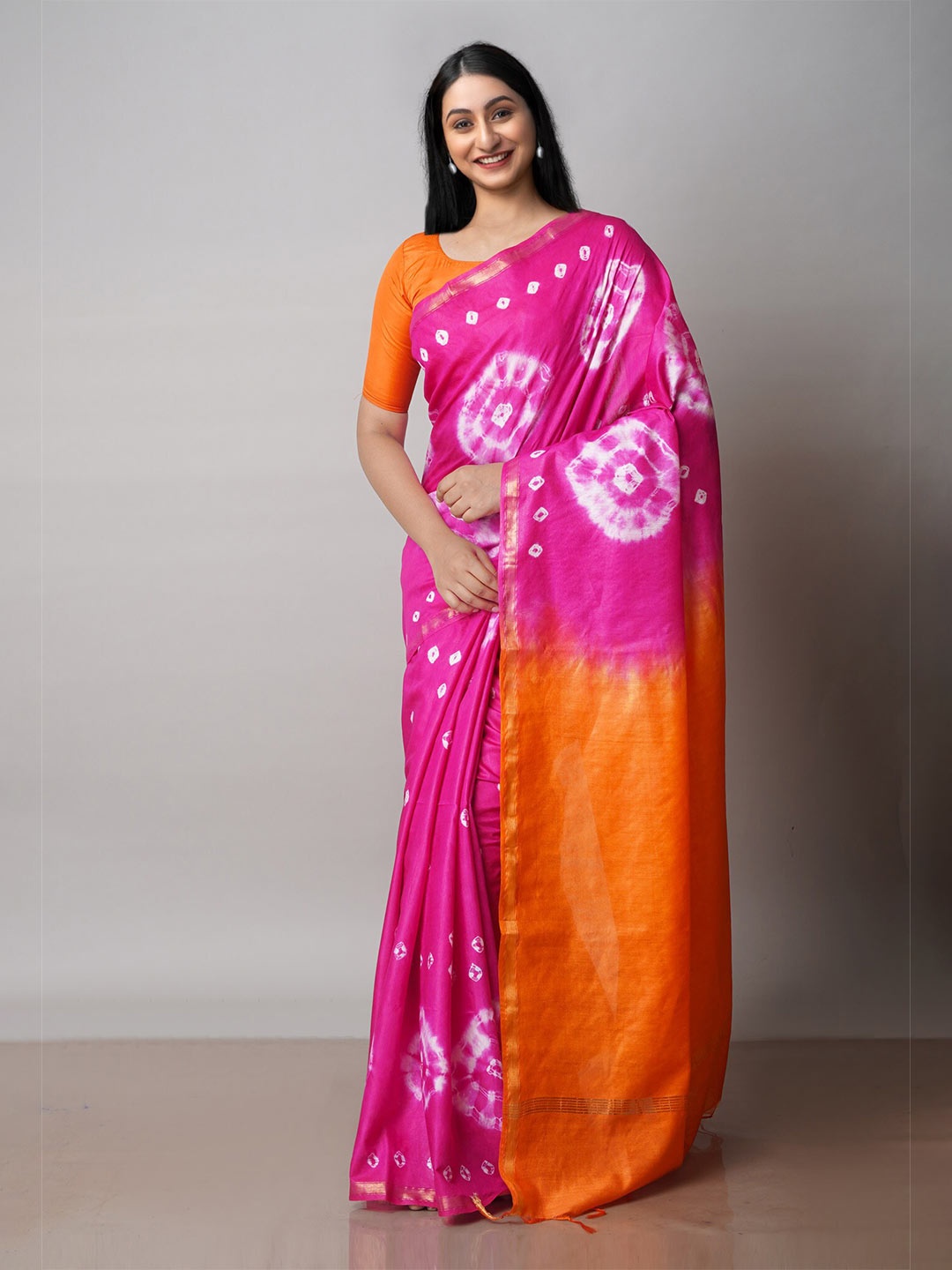

Unnati Silks Bandhani Printed Silk Cotton Chanderi Saree, Pink